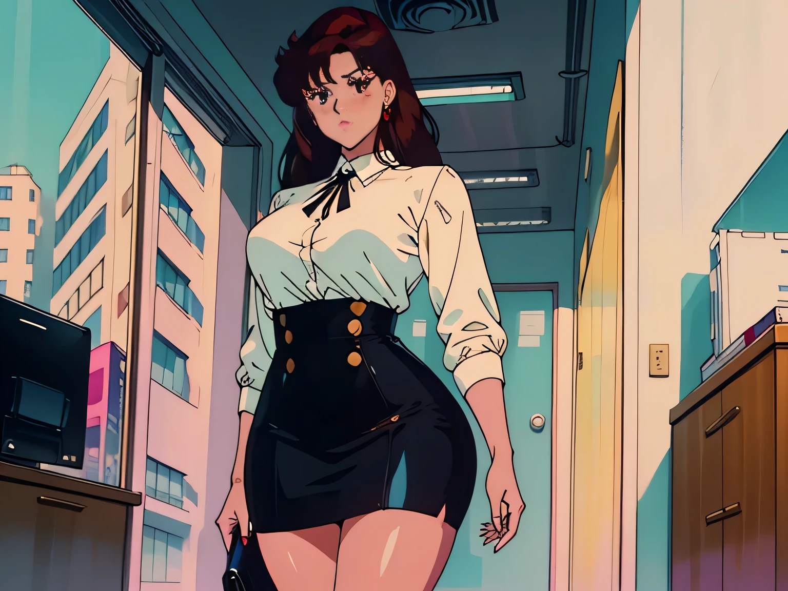 perfect, highly detailed, cinematic, perfect body parts, aesthetic, blonde business women in office, wearing skirt, backless & deep neck dress, big , office in background, 4k, hd, attitude, brown hair, shiny body, thick thighs, seductive , perfect pose, anime, retro, 90s, standing, view from a distance