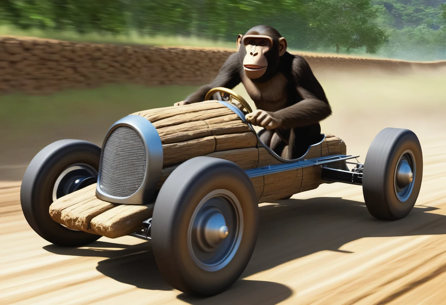 ancient australopithecus driving an ancient stone racing car, racing car made of stones and logs, controlled by the ancient Australopithecus, Ancient Australopithecus racing car shown in detail.