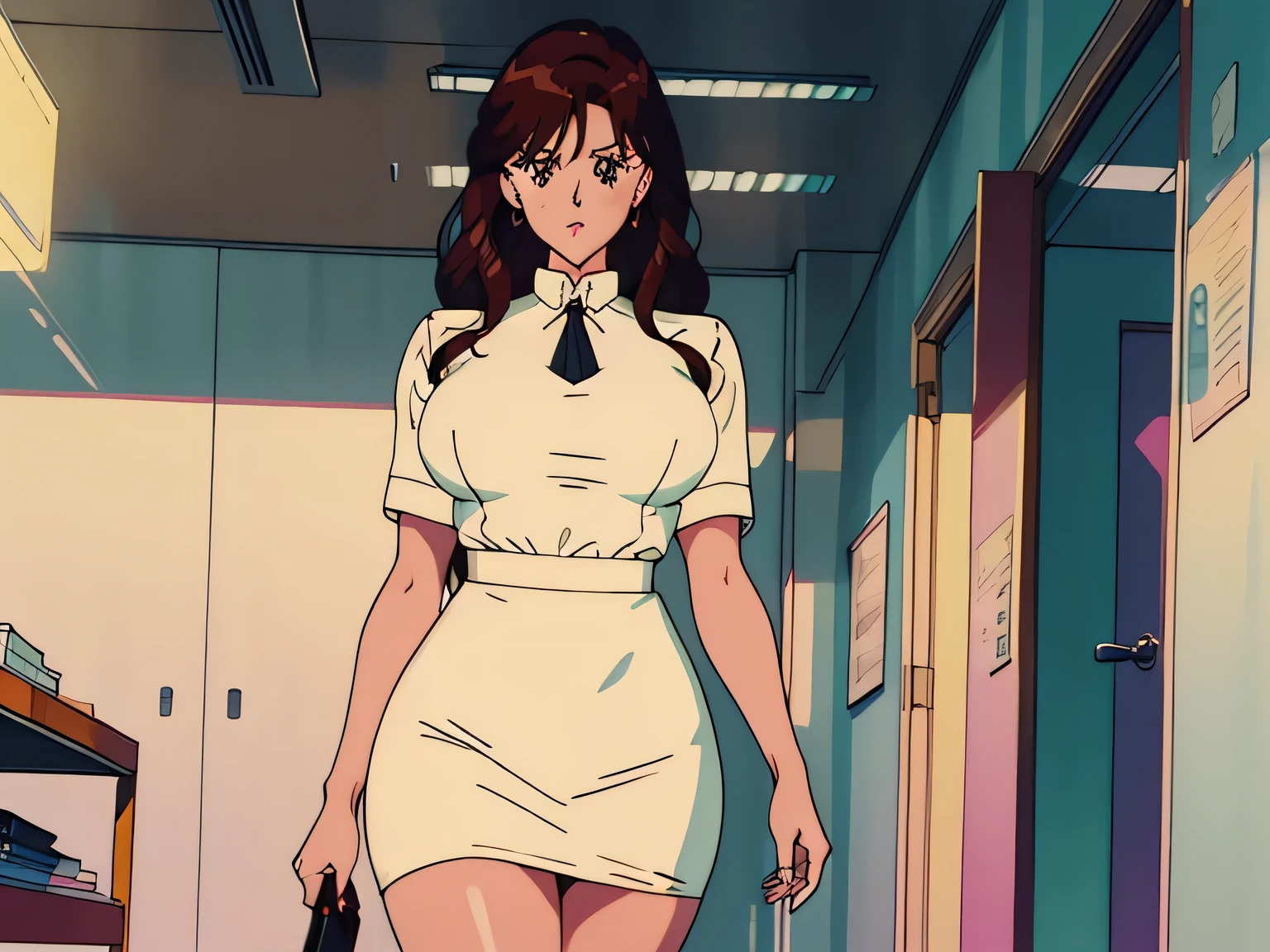 perfect, highly detailed, cinematic, perfect body parts, aesthetic, blonde business women in office, wearing skirt, backless & deep neck dress, big , office in background, 4k, hd, attitude, brown hair, shiny body, thick thighs, seductive , perfect pose, anime, retro, 90s, standing, view from a distance