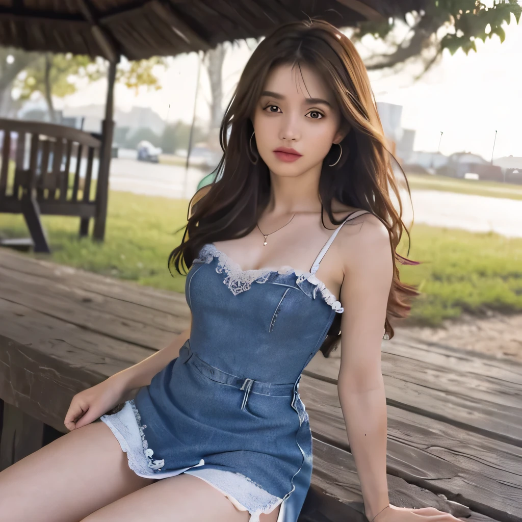 Dark brown hair、Light brown eyes、Japanese actress、 Lady、I am about 40 years old...........、(Intricate details:1.2)、 (Ultra-high resolution:1.2)、Ultra-high resolution、(Finely tuned)、(Detailed facial features)、Hmph、8K resolution、D cup size breasts、Long Hair、Tulle Frills Top、Denim pants、At the terrace cafe、Basking in the sunshine、Sitting on a chair on the terrace、Beautiful legs、Sandals、