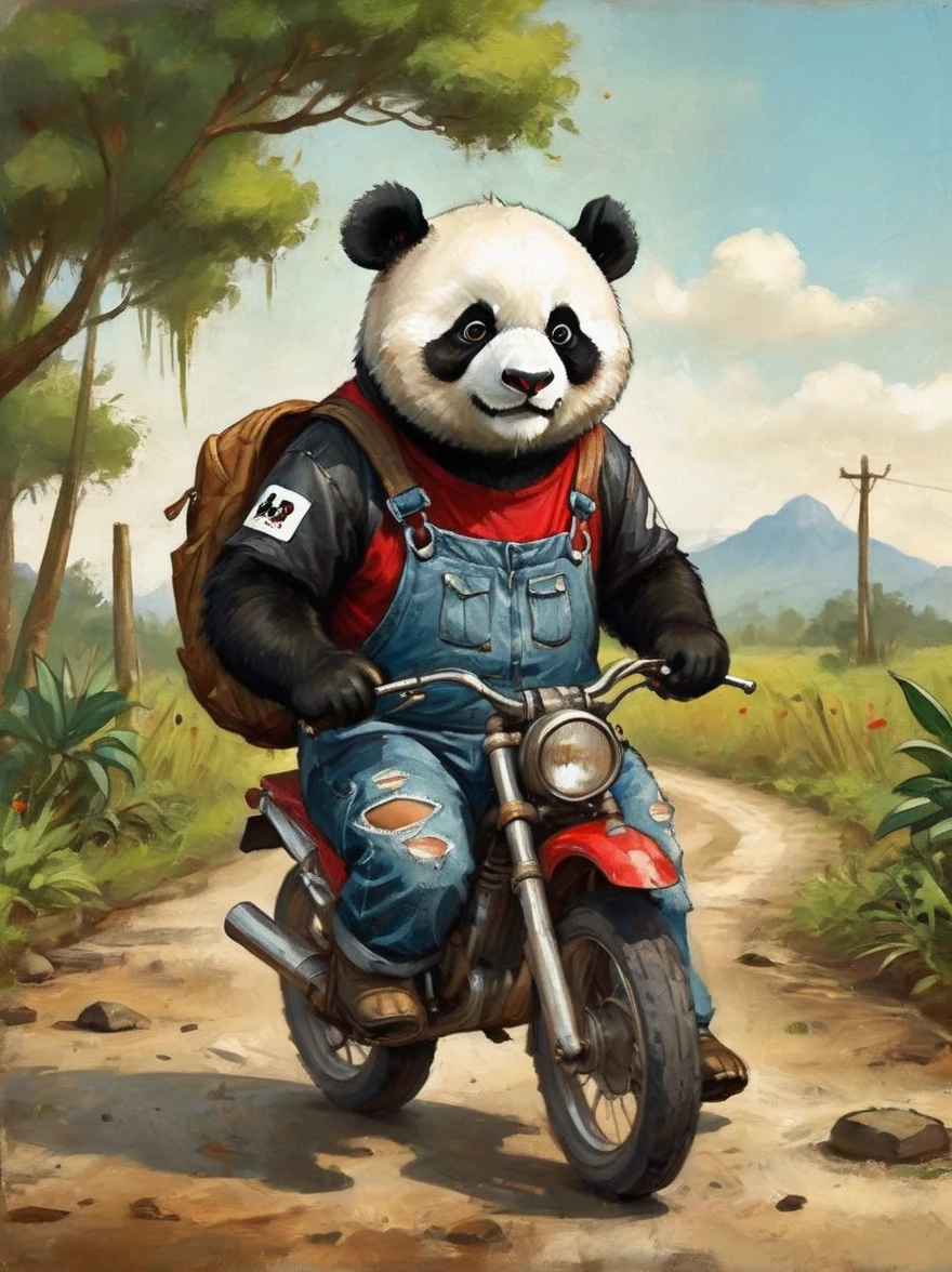cartoon illustration，simple，Anthropomorphic cartoon raccoon depicting an alien life form，Hats with rabbit ears，Holding a big wooden hammer in hand，Alien bioluminescent vegetation in the background, Anthropomorphic cartoon raccoon looks unusual and majestic, Slender and tall, muscular, glowing blue eyes，Sloppy and exaggerated expression，Loose ripped denim ripped overalls overalls，red top，Tattered leather shoes，Carrying a big bag behind him，walking in abandoned streets，Many broken wine bottles around，Dirty environment，correct human anatomy
