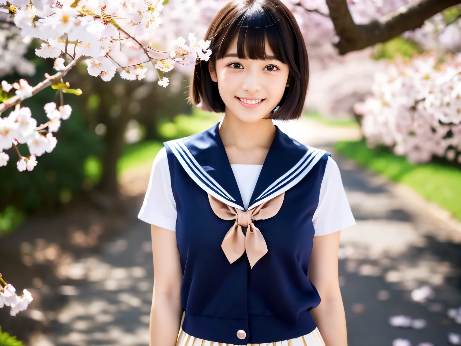 (high quality, 4k, 8K, High resolution, masterpiece:1.2), beautiful japanese high school girl, 16 years old, glossy black hair, beautiful short bob hair, curl the ends of the hair, asymmetrical bangs, big magic eyes, High resolutionの潤んだ瞳, smooth soft skin, pale pink lips, natural makeup, gentle smile, sailor suit, red bow tie, navy pleated skirt, brown leather shoes, High resolutionの美しい太もも, (whole body:1.3), sunlight, sunlight filtering through the trees, cherry blossoms, blue sky, professional lighting, professional photographer