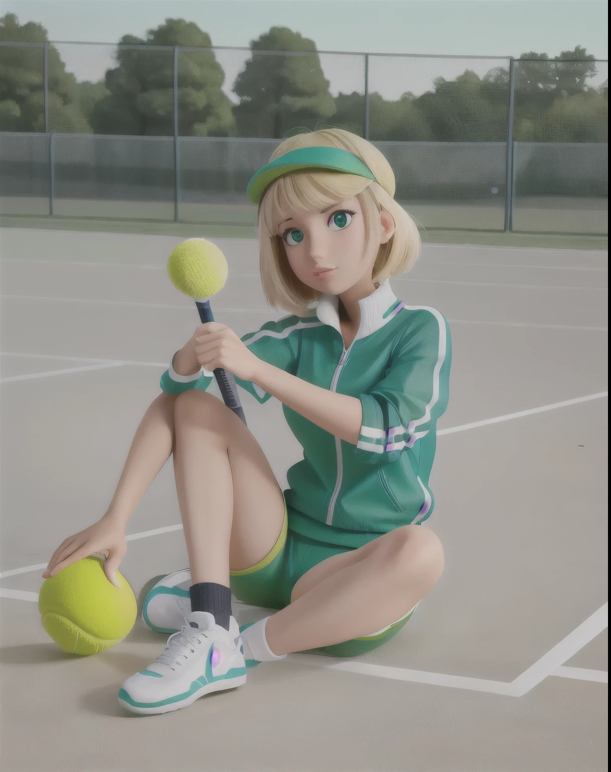 Alafid woman sitting on the ground with tennis racket and ball, Tennis suits, Sports and shorts, sports fashion photography, sporty, cute sportswear, Carolina Cummings, green clothes, and shorts streetwear, a girl playing tennis, Blonde, a green one, green clothing, Martin Falkova, wearing green clothing, Julia Gorokhova