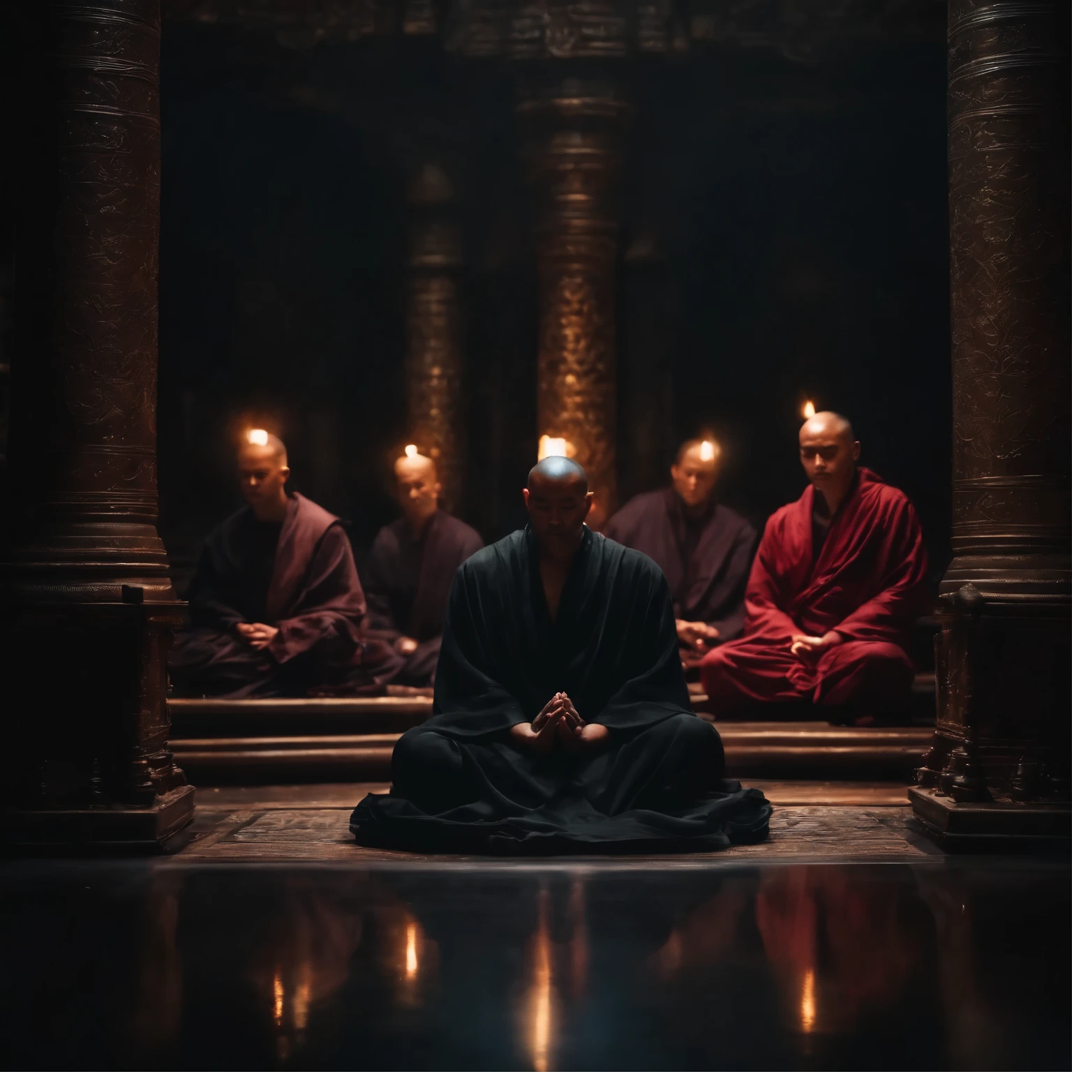 Men in robes and monks pray in a lotus pose, Fantasy art, (Dark atmosphere:1.5), Cinematic, Intricate