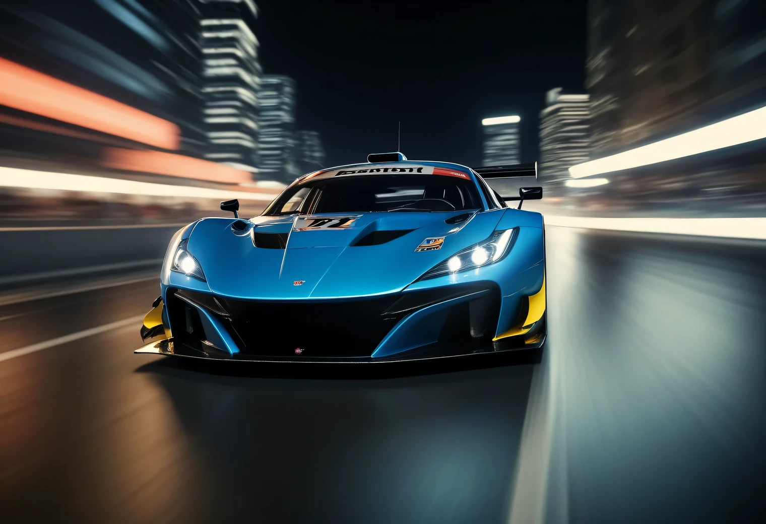 A racing car rushes through the streets of a night metropolis, blurry lights from high speed in the background, focusing on a racing car, the background is blurred due to the high speed of the racing car, lightning and energy discharges emanate from under the wheels of the Racing Car, indicating the enormous speed and power of a racing car., realistic, Artistic photo, Racing car shown in detail, Racing Street and road attributes, cinematic frame, Action, fast moving racing car