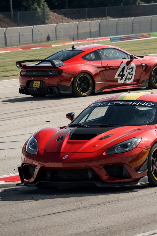 (a)high speed,racing car,red sports car,shiny finish,aggressive design,(best quality,4k,highres:1.2),vivid colors,sleek curves,customized details,chrome wheels,carbon fiber body,streaks of motion,roaring engine sound,professional driver,fast and furious,winning the race,crowded racetrack,fierce competition,blurry background,adrenaline rush,checkered flag,smell of burning rubber,driver's helmet,(intense,exciting) atmosphere,precision steering,tight turns,fast acceleration,high-performance tires,confident grip,impressive speed,skid marks