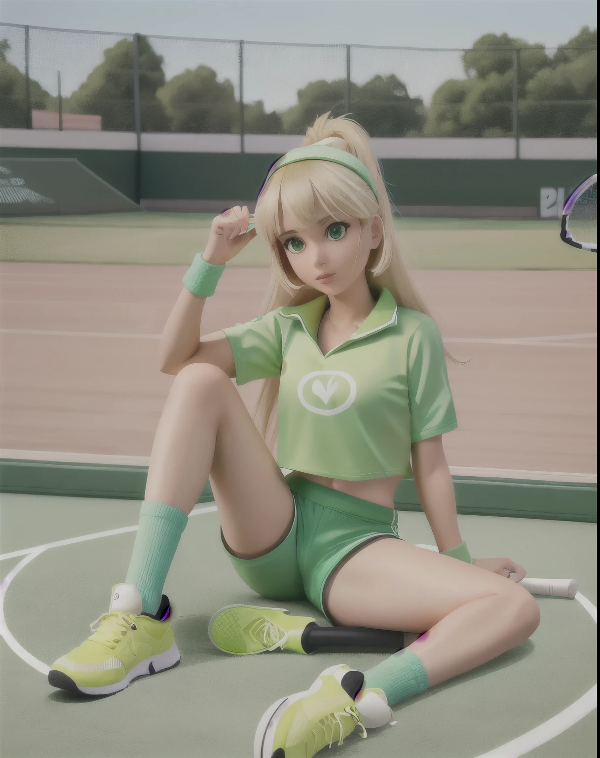 Alafid woman sitting on the ground with tennis racket and ball, Tennis suits, Sports and shorts, sports fashion photography, sporty, cute sportswear, Carolina Cummings, green clothes, and shorts streetwear, a girl playing tennis, Blonde, a green one, green clothing, Martin Falkova, wearing green clothing, Julia Gorokhova