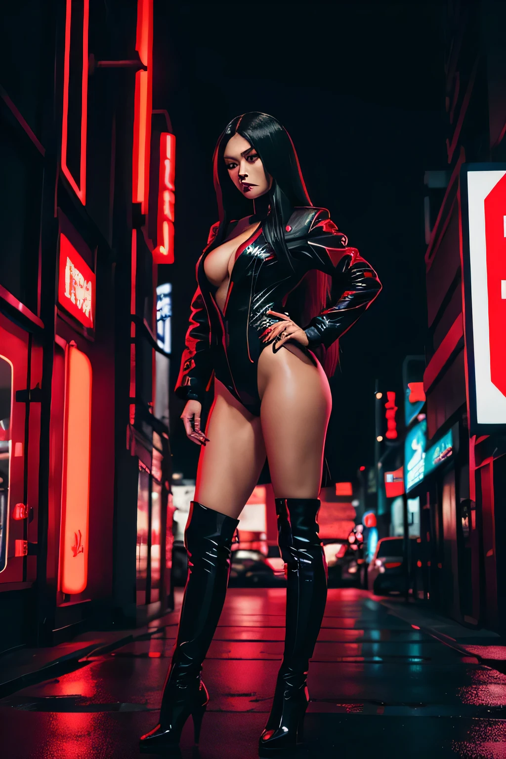 black long haired Asian woman with red pupils. pvc black clothing. leotard, red jacket, knee high boots. gothic theme, with neon lights. sinister character. in a cyberpunk setting