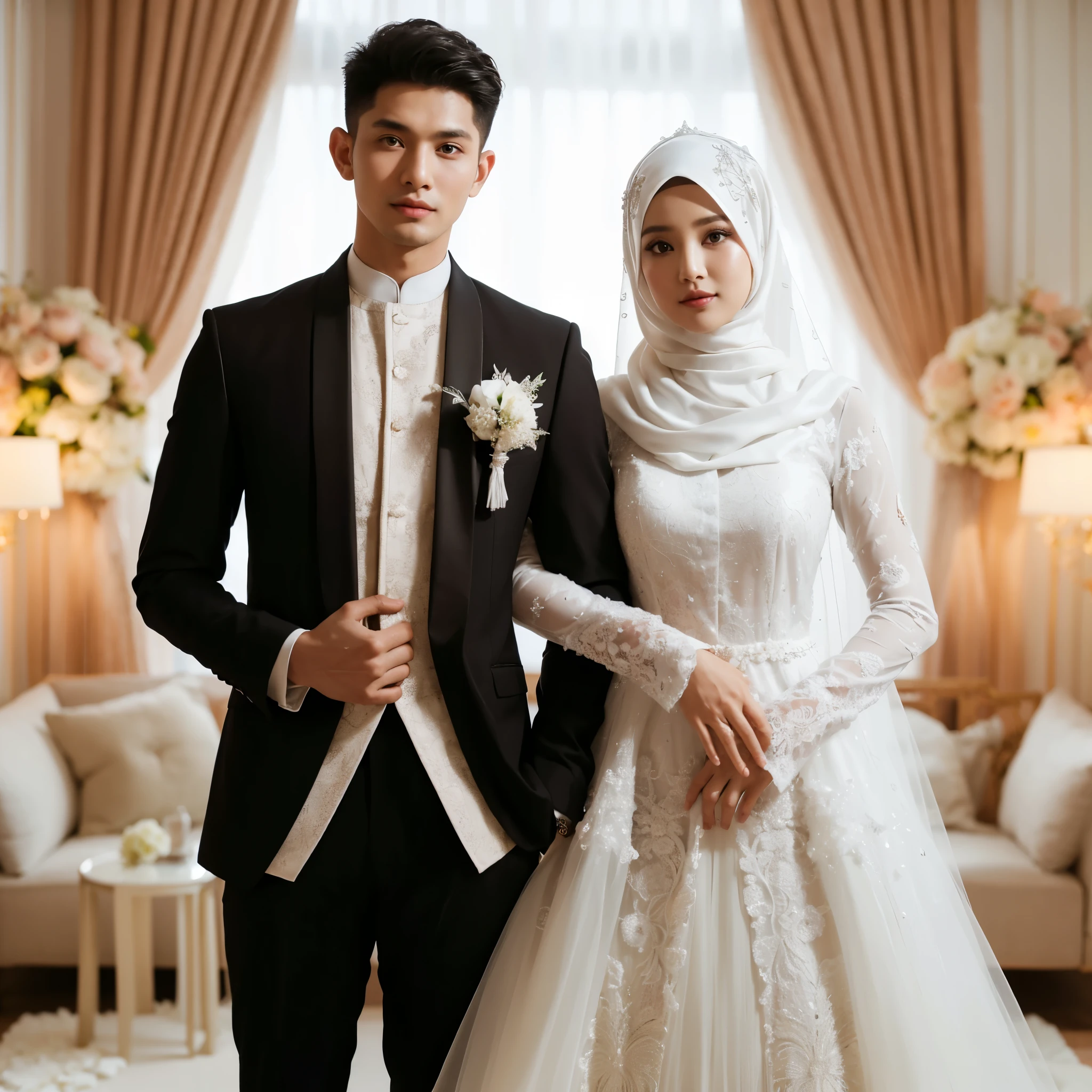 Indonesian wedding photo, the groom wears a black suit with a long white middle eastern koko shirt, and the bride wears a white dress with a hijab, wide shot, professional pose, luxurious wedding decoration background, looks very detailed, simple natural make up, white lighting from the front , the photos are incredibly good