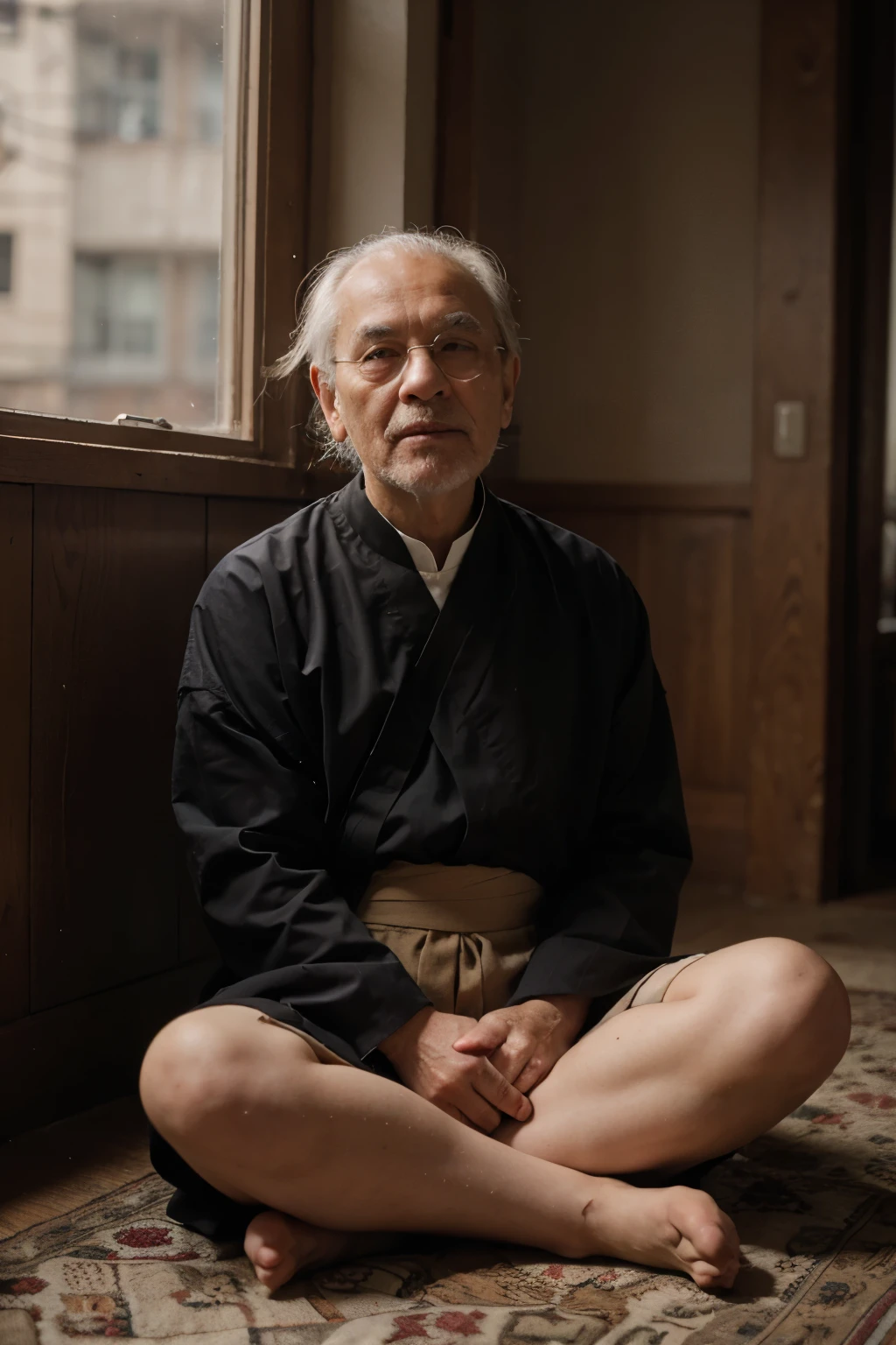 An old monk wearing cassocks sitting cross-legged