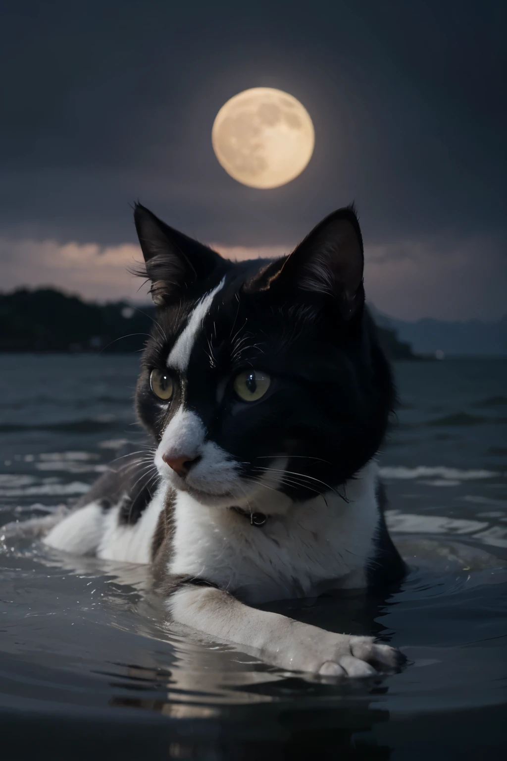 moon shaped like a cat's face,((highest quality)), ((masterpiece)), (be familiar with), fantasy,mysterious,floating on the sea at night、CG quality、foggy、Japan taste