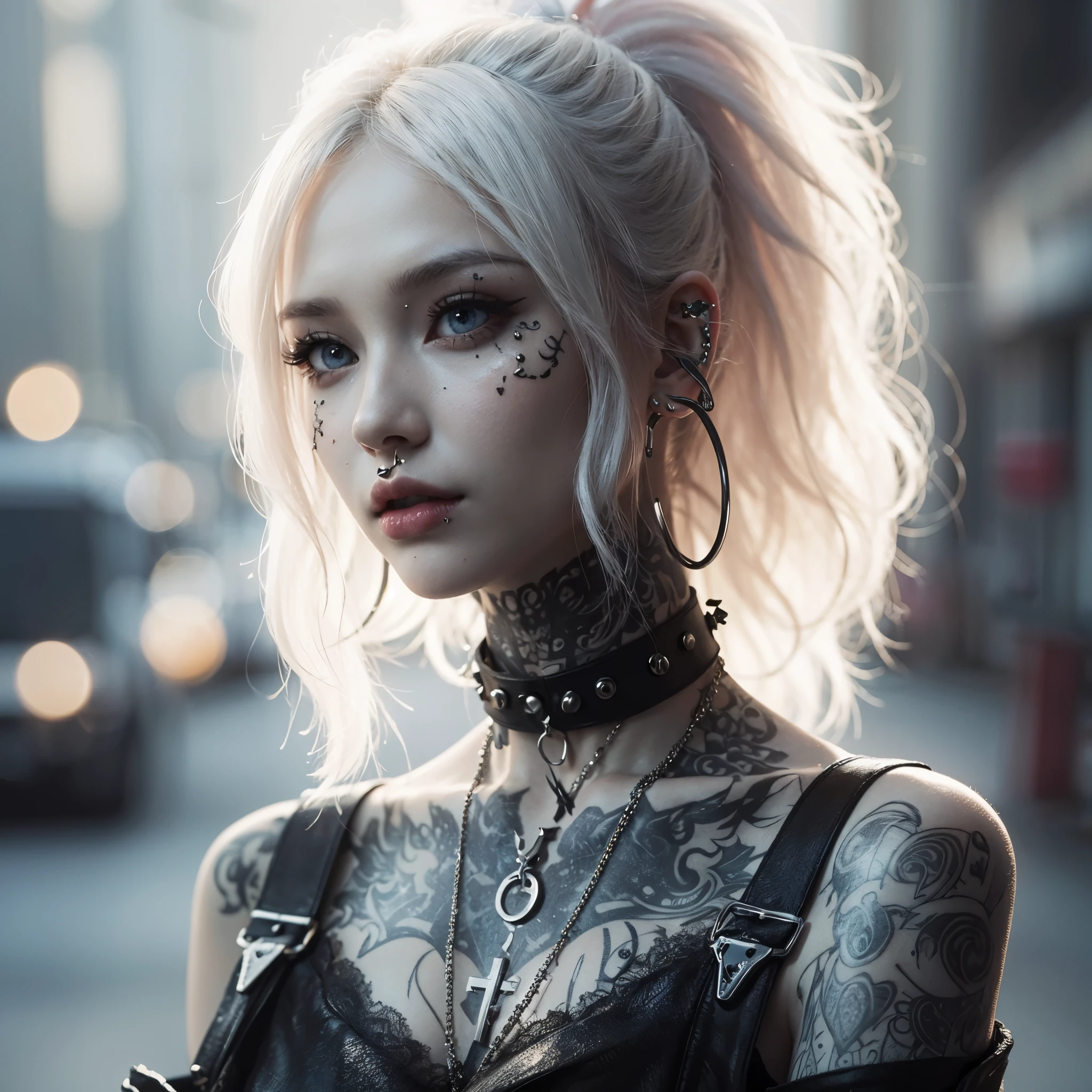 The prompts for the first theme are as follows:
"(Best Quality, 8K, 32K, masutepiece:1.3), Ultra-detailed, (Photorealistic:1.4), white colors, albino, Punk Girl, Detailed eyes, Upper body, Luxurious punk hair, Edgy punk fashion, Avant-garde makeup, Numerous piercings, Heavily tattooed body, Street background, Backlight effect, Shallow depth of field, Blurry background"