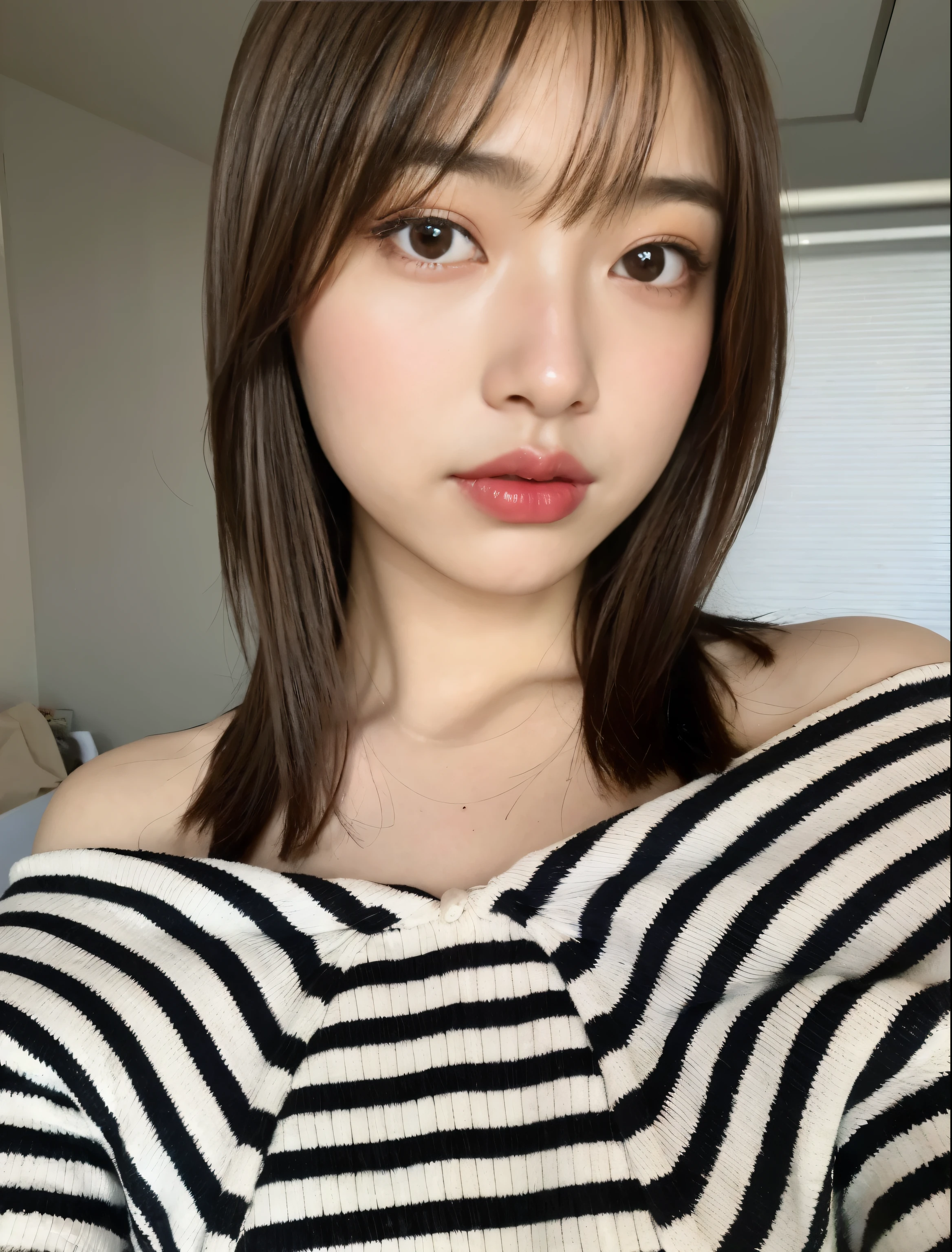 Close-up portrait of a woman in a striped shirt, young adorable korean face, with short hair, 8K selfie photo, Nam Jae Young, Yoshitomo Nara, Cute girl - well-groomed face, 🚿🗝📝, sakimichan, cute - well-groomed - face, Ulzzang