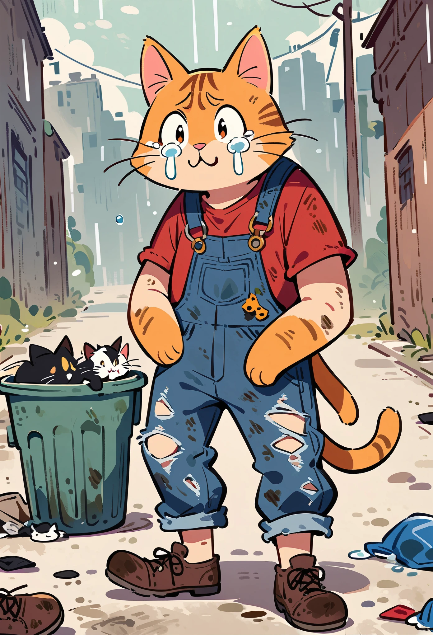 cartoon illustration，simple，rainstorm，stray cat，solo，Dirty，eyes dull，Listless，Malaise，decadent，crying emoticon，Loose ripped denim ripped overalls overalls，red linen shirt，Tattered leather shoes，Carrying a big bag，Picking up things in the garbage dump，There are many broken cars around，Dirty environment，correct human anatomy