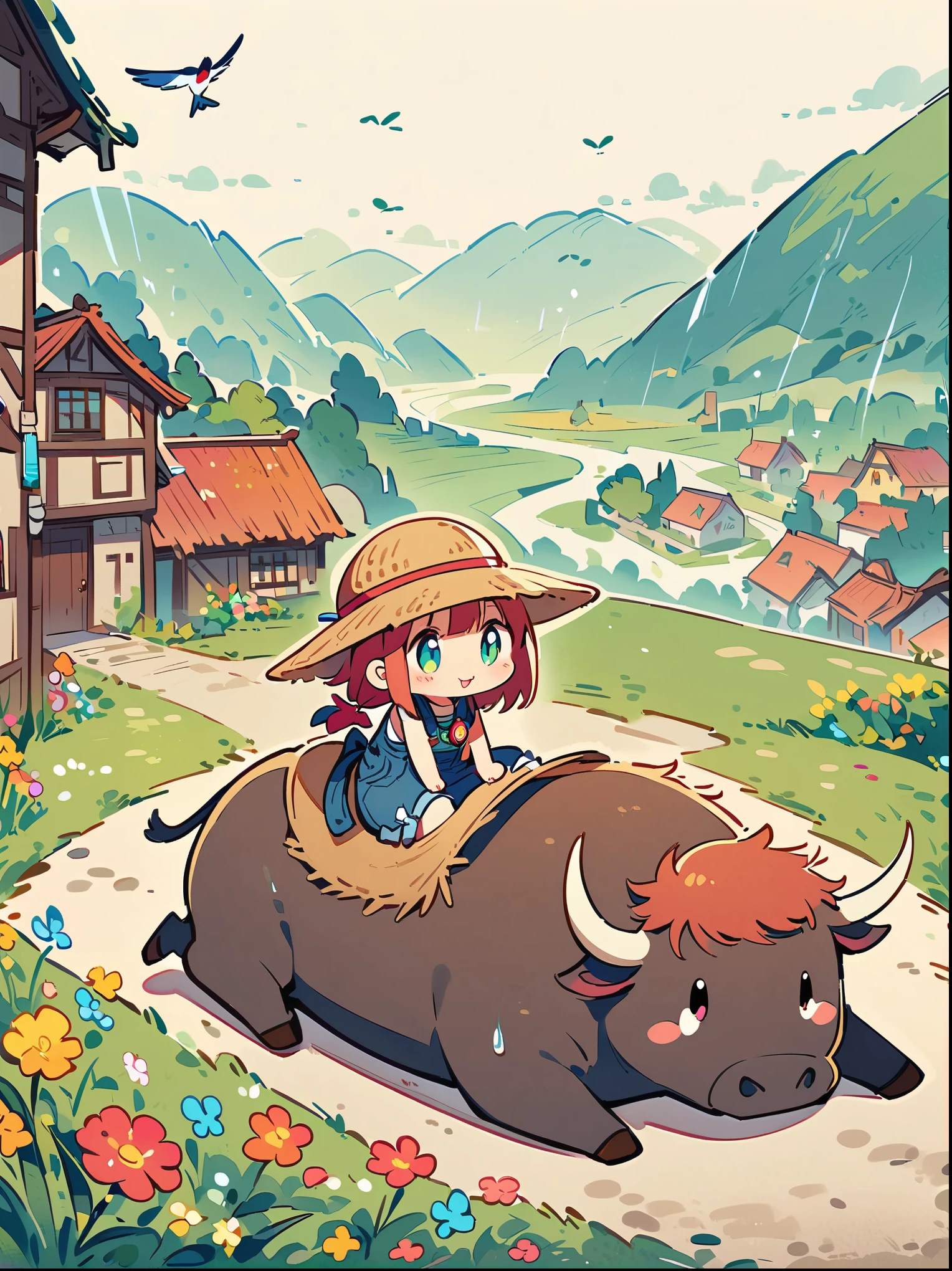 ((Vision:1.8))，cartoon illustration，simple，rainy day, A kitten wearing a straw hat, Sitting on the back of a buffalo, In a broad field with green grass, colorful flowers, willow, Swallows flying in the sky, The faint green mountains in the distance, village, The overall color is fresh and elegant, Tunnel combination,color to stay, correct human anatomy