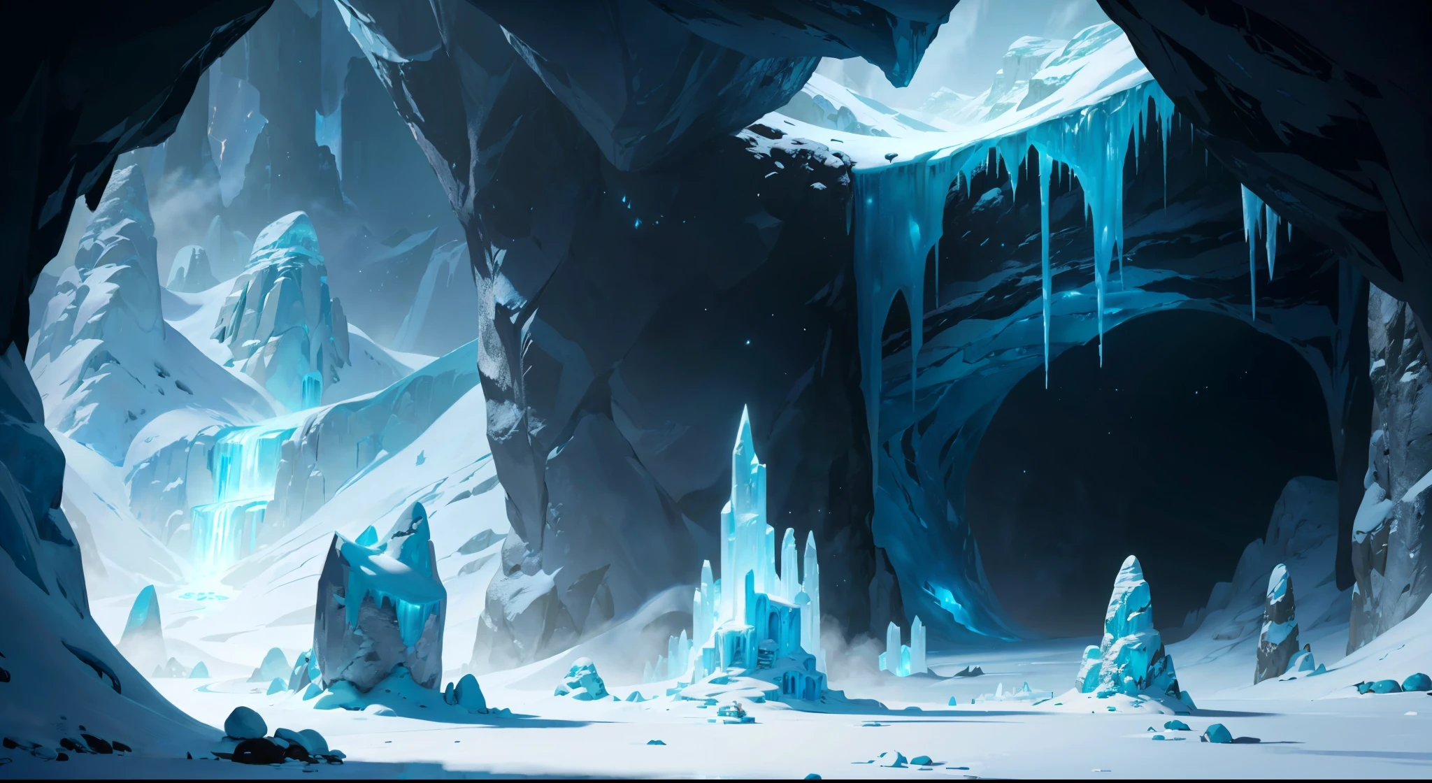 there is a picture of a frozen cave with ice on the ground, winter concept art, pillars of ice background, concept art wallpaper 4k, concept art stunning atmosphere, in an icy cavern, ice cave, concept art. epic landscape, detailed 4k concept art, snow cave, concept art 8 k, environment and concept art, inspired by Christopher Balaskas