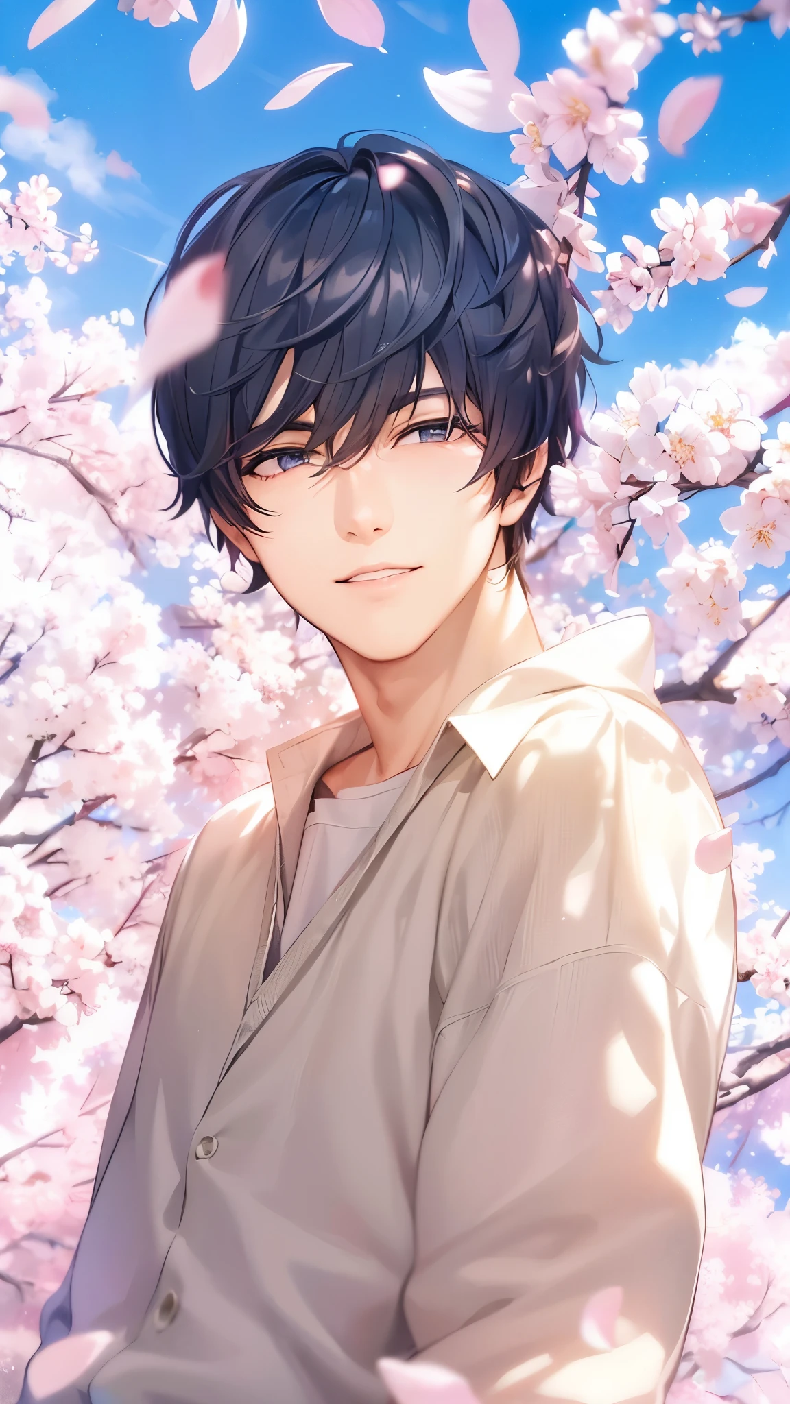 a handsome guy、serious expression、please close your mouth、cherry blossoms、cool look、Highly Detailed CG Unity 8K Wallpaper, (super masterpiece, beautiful person, well detailed face polluted smile, It&#39;s photorealistic, hyper realistic)cool and cool face