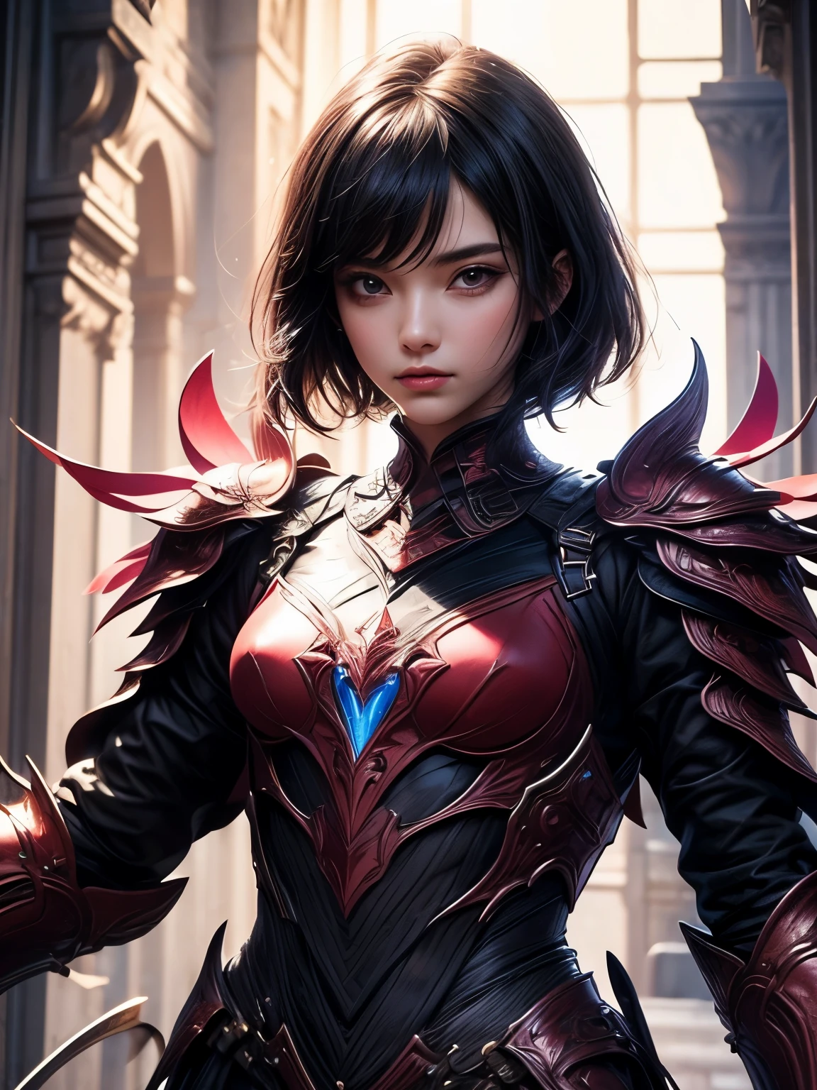(((Best Quality))), ((Ultra-detailed)), (extremely detailed photo), ((extremely delicate and beautiful)),(Cute delicate face), ((masterpiece)), perfect anatomy, intricate, (highly detailed), masterpiece, photorealistic, (Tall and cool 20 year old boyish girl),(vermilion and black armor:1.3), ((Castle Town)) ,(upper body),(holding glowing sword),alone,(black hair and short hair),(dynamic pose), looking at viewer, double eyelid,delicate skin,slender body shape,small breast