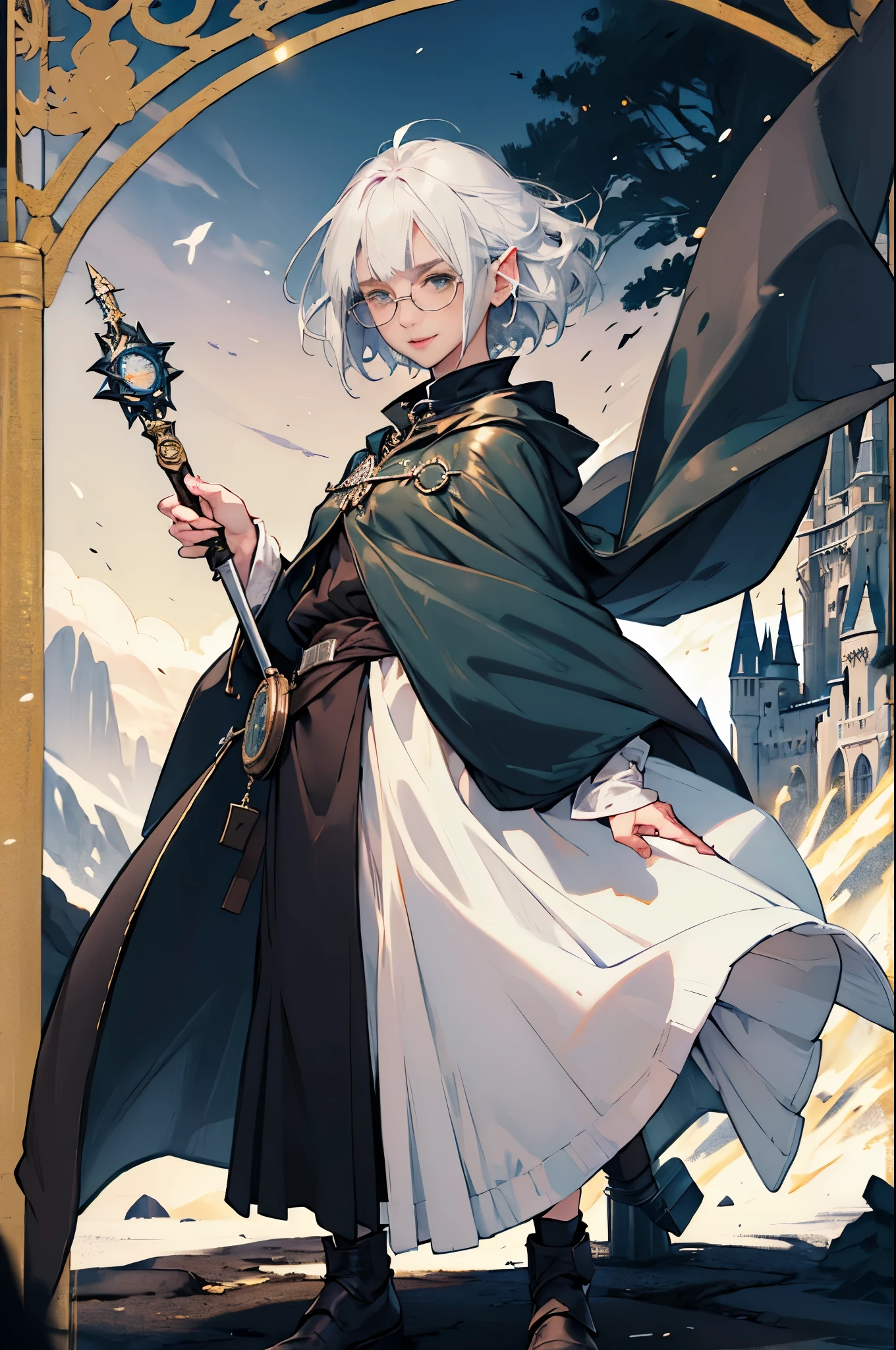 (((((girl))))), masterpiece, ultra detailed, 8K Portrait, Raw photo, woman's portrait photography, full body, Highly detailed smile face, ((Fantasy)), (((hobbit))), ((Adult)), 45 years old, 110cm, (((ALCHEMIST))), ((white skin)), greenish dark brown bob hair, blunt bangs, (((dark blue silk long cloak))) Fluttering in the wind, (((white coat))), leather grooves, (((glasses))), (((equip a wand))), Midday sun, Hyper realistic, Slender body, by the foggy castle, Ambient lighting, Shadow details , Camera focus on face, strong breeze, Light fog