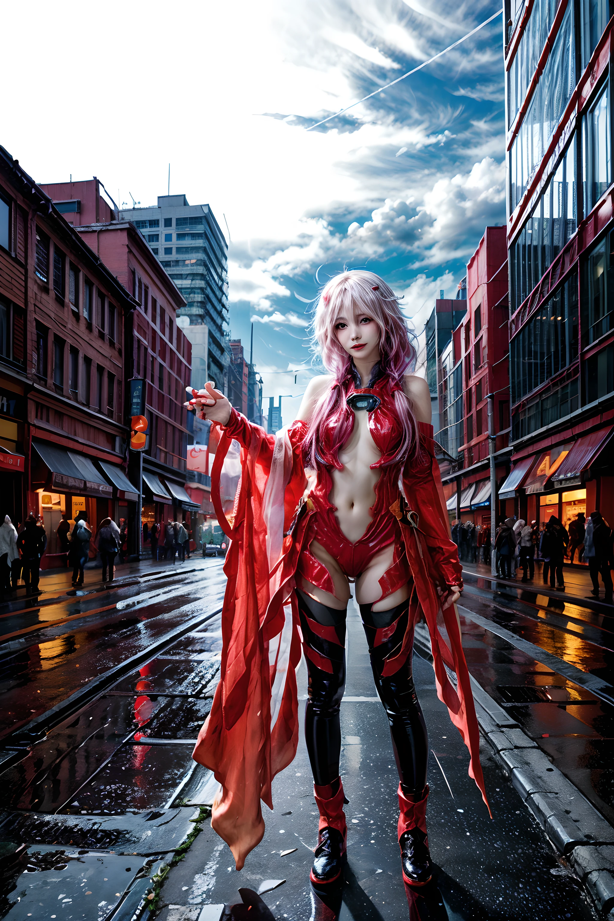 Best quality, masterpiece, realistic, photorealistic, 1 girl, One, I'm looking at the viewer, whole body, Hands to the side, inori Cosplay costume, Cosplay, central hole, fingerless gloves, hips high, detailed background, To the streets, Neon lamps, rain, cityscape, colorful,