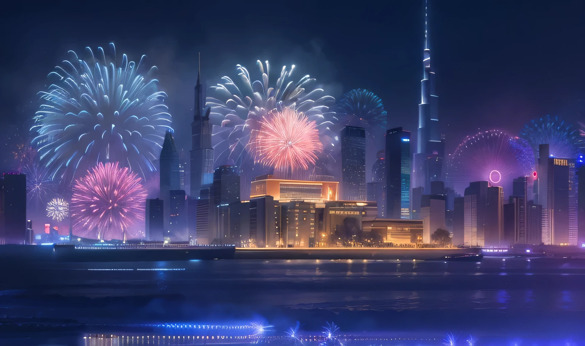 fireworks are lit up in the sky over a city skyline, fireworks in background, interesting background, fireworks in the background, lunar New Year'eve, 3840x2160, 3840×2160, background artwork, fireworks, author:Bernardino May, The city is on fire, digital artwork 4k, Arabian Nights
