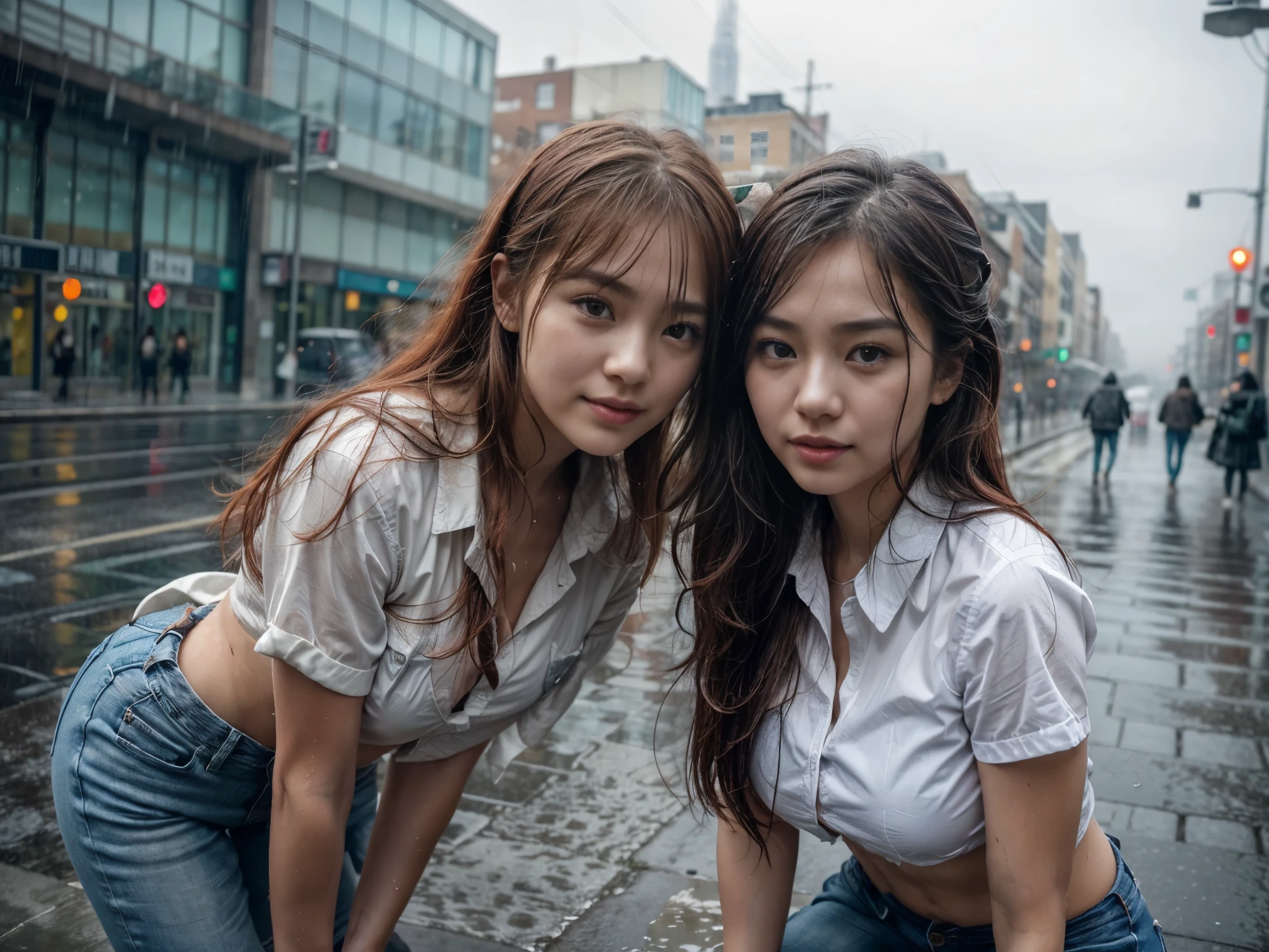 (2girls:1.5), Korean, (wearing wet button shirt:1.4, jeans), sitting in the heavy rain on street of the big city, foggy and scary, beautiful detailed eyes, beautiful skinice soft face, flowing wet red hair, seductive smiles, happiness looks, sexy postures, skinny body, wet body, a bit muscular abs, large breast, droopyboobs, skyline view background, (close up), low angle view, seen from below, grey ambient, foggy and rain atmosphere, vibrant colors, natural beauty, youthful energy, photon mapping,
