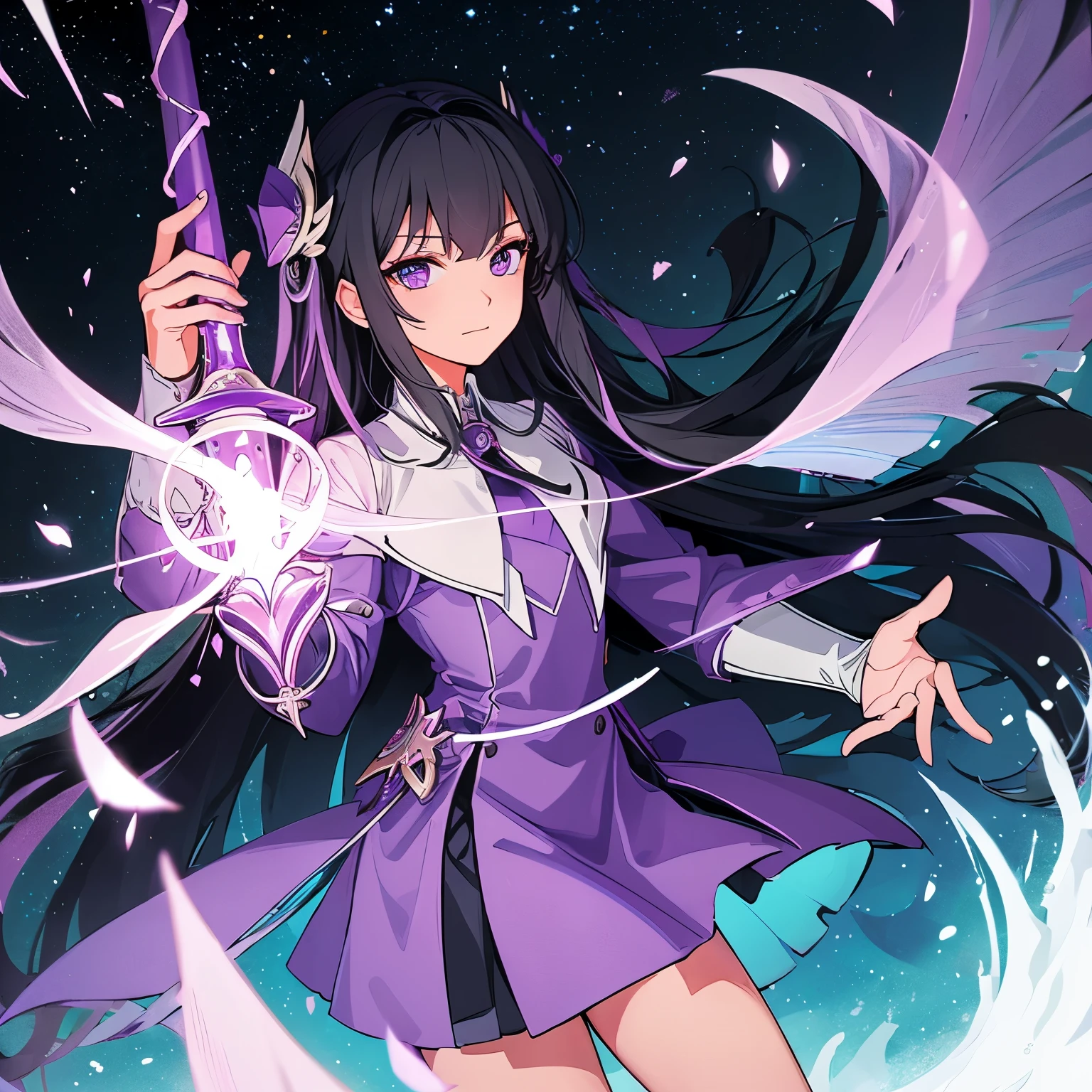 (superior quality), woman, magic wizard, medium long hair, black hair, fair skin, pastel purple dress, armor, sword, magic, fierce, sparkly night