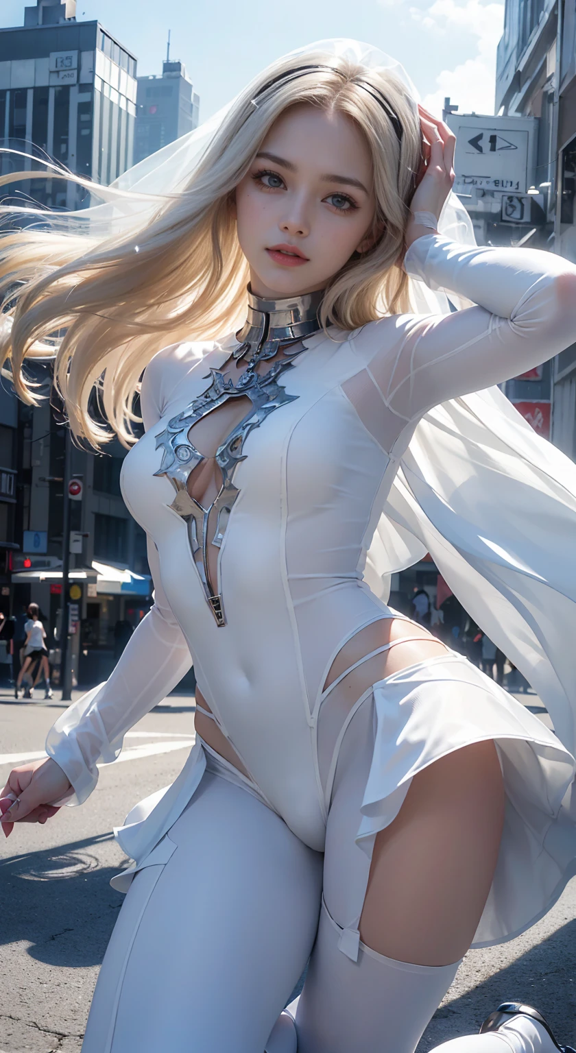 Gray white desert ruins, girl wearing a white dress, standing in the middle of the wreckage, soft cyberpunk style, her clothes like a broken ghost costume, cyberpunk dress, flowing dress, futuristic clothes, white ragged cape fluttering in the wind, futuristic clothing, elegant movie pose, movie goddess lens, with characters as the core, looking squarely.