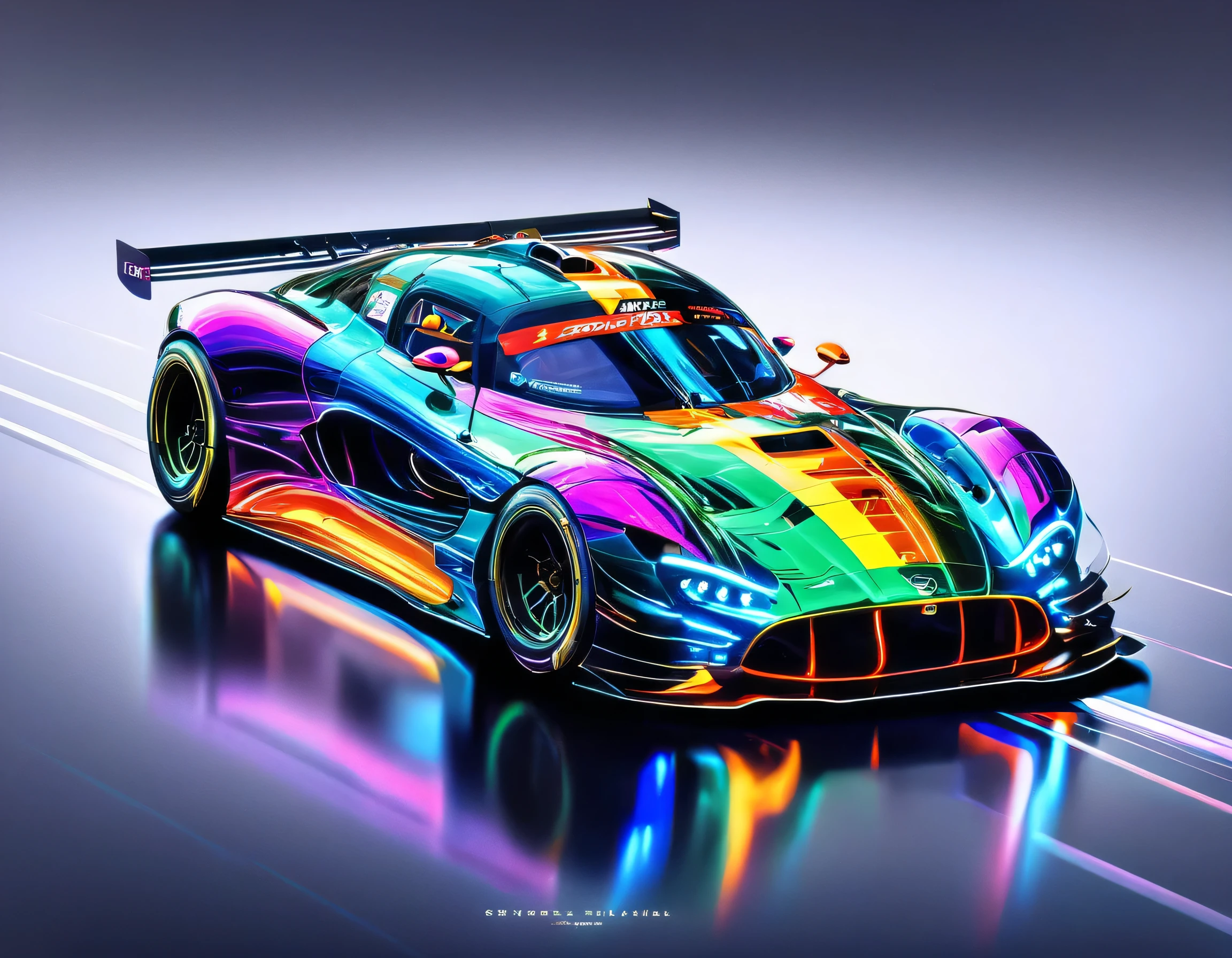 Capture the thrilling moments of a sophisticated racing car racing through a vibrant circuit field. Each line and curve of the car&#39;s aerodynamic body is、フォトリアルなディテールで細心の注意を払ってrenderingされています。. The circuit field casts lively and long with rich contrasting colors., dynamic shadows on the track. If you pay attention to the shiny metallic car body,, Metallic light reflects coldly, Creates an exhilarating sense of speed. The realistic masterpiece of the wind blowing through the circuit field is a top-notch masterpiece that is a must-see for race fans.,rich colors,rendering,colorfulな呪文を唱える,beautiful halation effect,racing car,structurally correct,colorful,nice,Highest,masterpiece,Highest品質,hologram,neon lines,powerful,Highestの構図