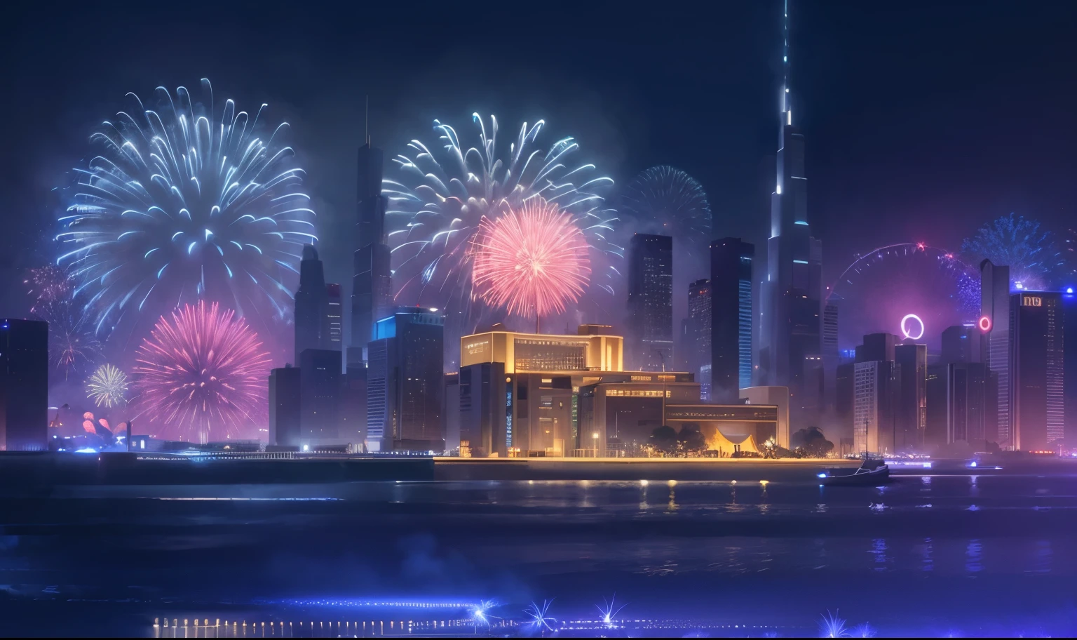 fireworks are lit up in the sky over a city skyline, fireworks in background, interesting background, fireworks in the background, Lunar New Year's eve, 3840x2160, 3840×2160, background artwork, fireworks, author:Bernardino May, The city is on fire, digital artwork 4k, Arabian Nights