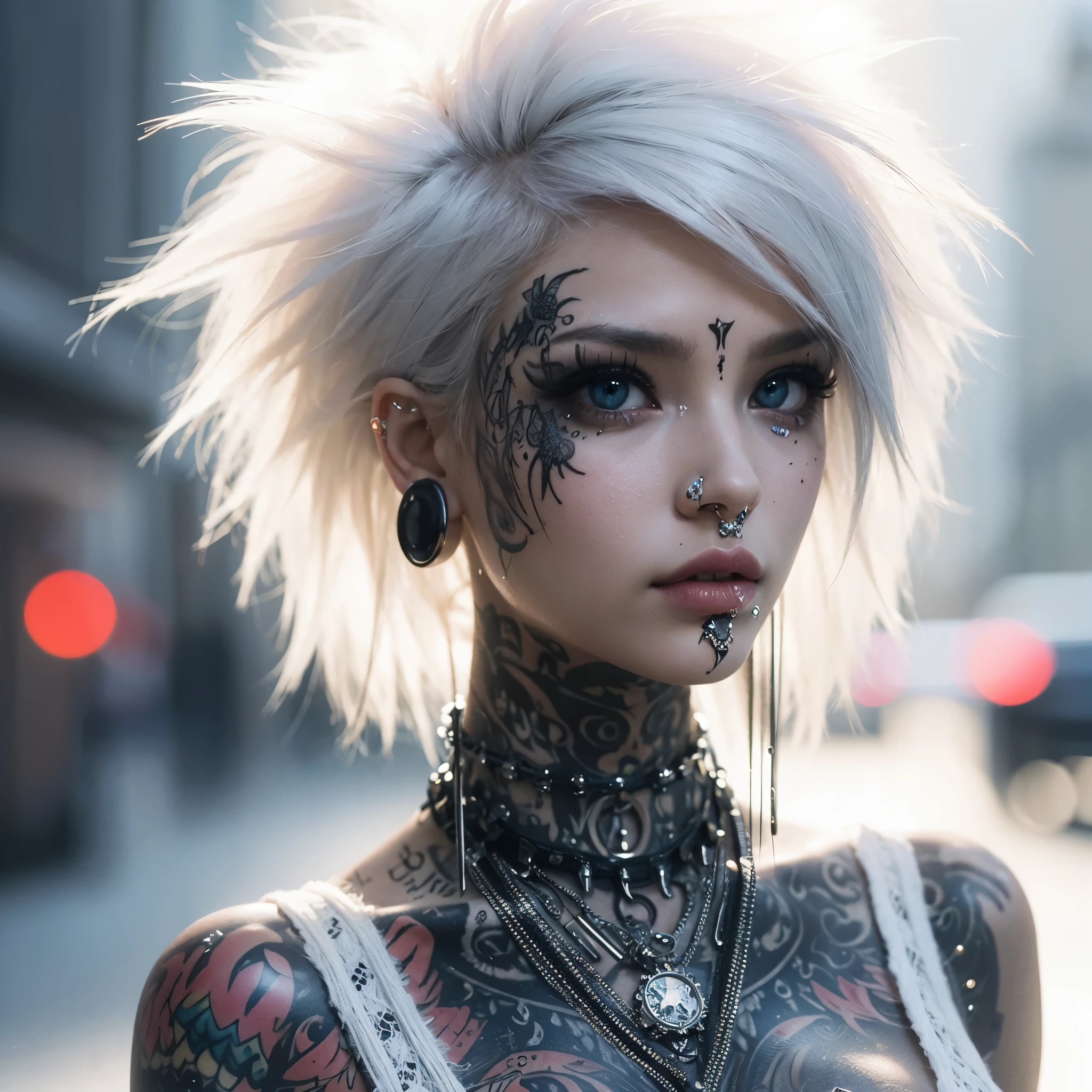 Photoreal、realistic skin texture, (Best Quality, 8K, 32K, masutepiece:1.3), Ultra-detailed, (Photorealistic:1.4), white colors, albino, Punk Girl, Detailed eyes, Upper body, Luxurious punk hair, Edgy punk fashion, Avant-garde makeup, Numerous piercings, Heavily tattooed body, Street background, Backlight effect, Shallow depth of field, Blurry background"