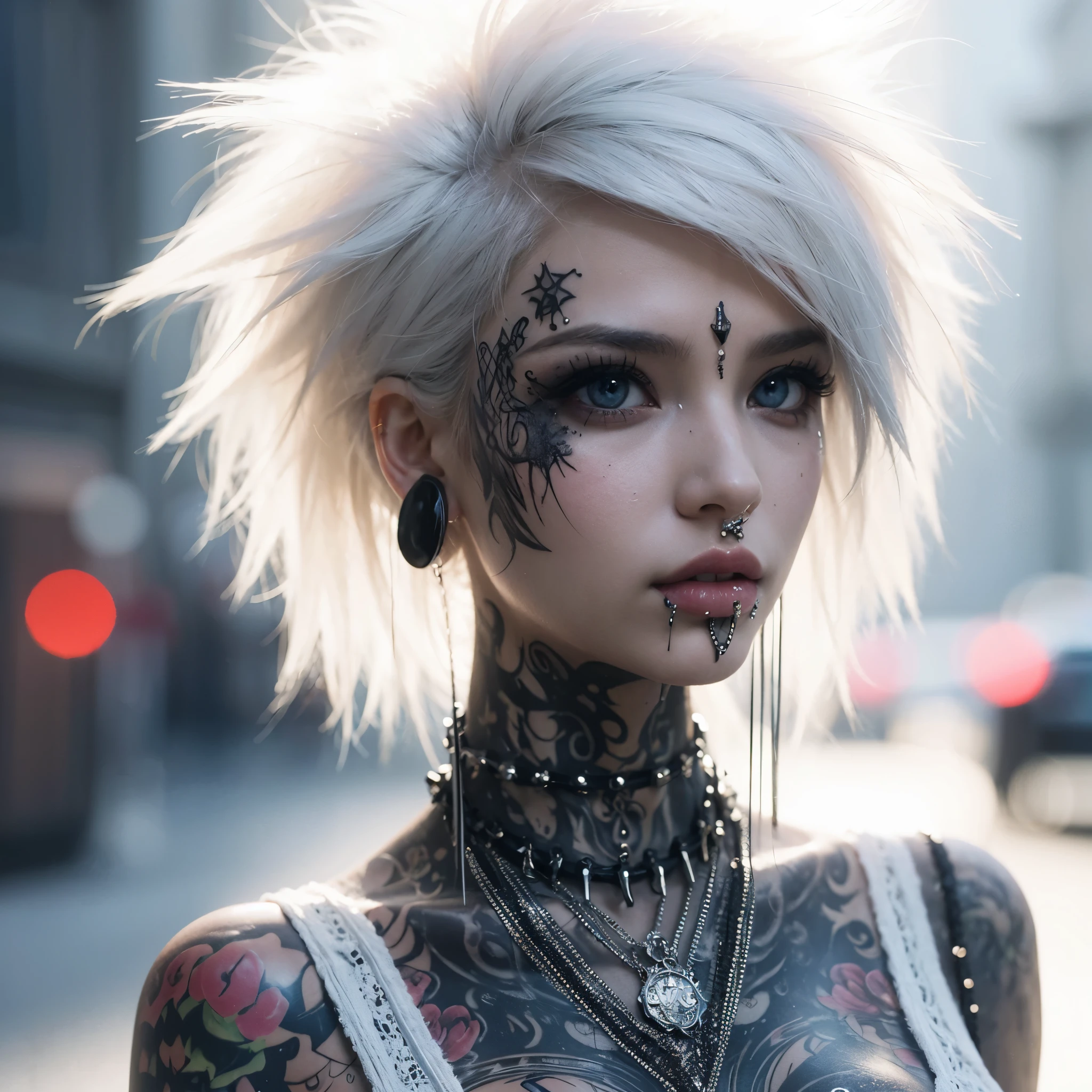 Photoreal、realistic skin texture, (Best Quality, 8K, 32K, masutepiece:1.3), Ultra-detailed, (Photorealistic:1.4), white colors, albino, Punk Girl, Detailed eyes, Upper body, Luxurious punk hair, Edgy punk fashion, Avant-garde makeup, Numerous piercings, Heavily tattooed body, Street background, Backlight effect, Shallow depth of field, Blurry background"