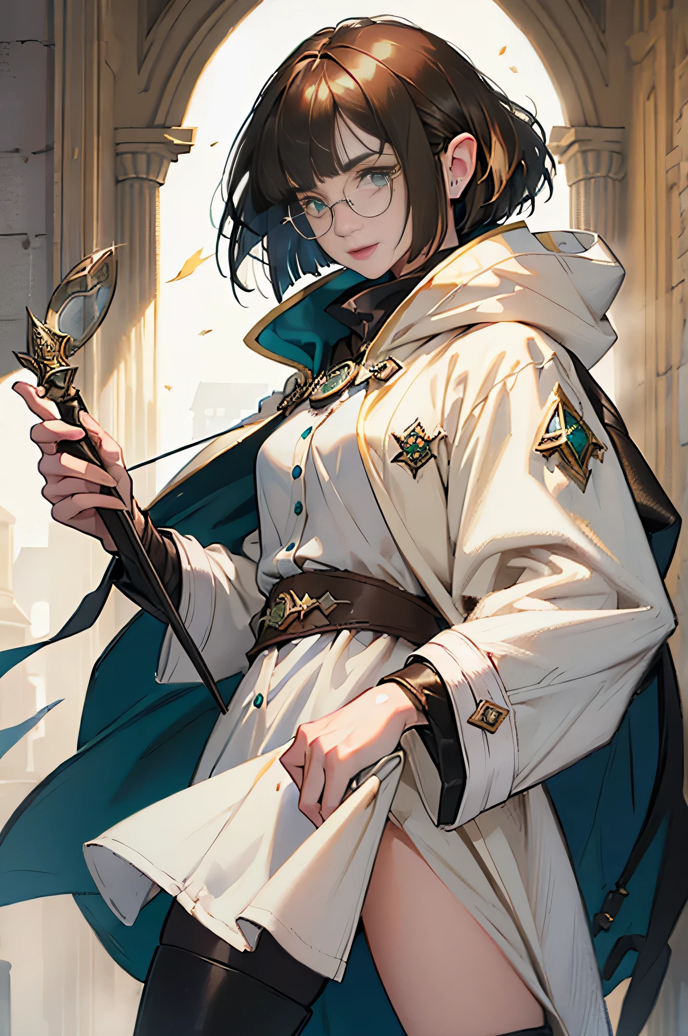 (((((girl))))), masterpiece, super detailed, 8K portrait, Raw photo, female portrait photography, full body, Highly detailed smile, ((fantasy)), (((hobbit))), ((adult)), 45 years old, 110cm, (((Alchemist))), ((white skin)), (((greenish dark brown bob hair))), dull bangs, (((navy blue silk long cloak))) fluttering in the wind, (((white coat))), leather groove, (((Glasses))), (((equip a cane))), midday sun, surreal, slender body, Near the fog castle, environmental lighting, shadow details , focus the camera on the face, strong wind, light fog