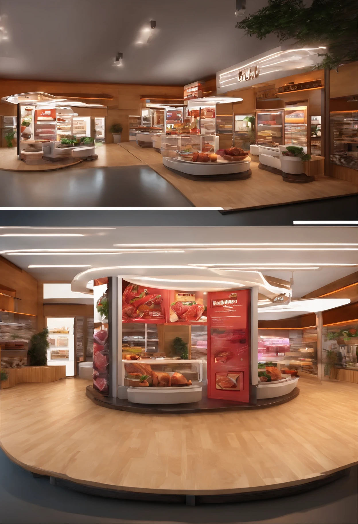 stand or kiosk for meat tasting that can be rated from best to worst in dimensions of 2 meters long by 3 meters wide and 2.40 meters high where there are people tasting and rating their experience!! With a very realistic design and maintain the meat concept