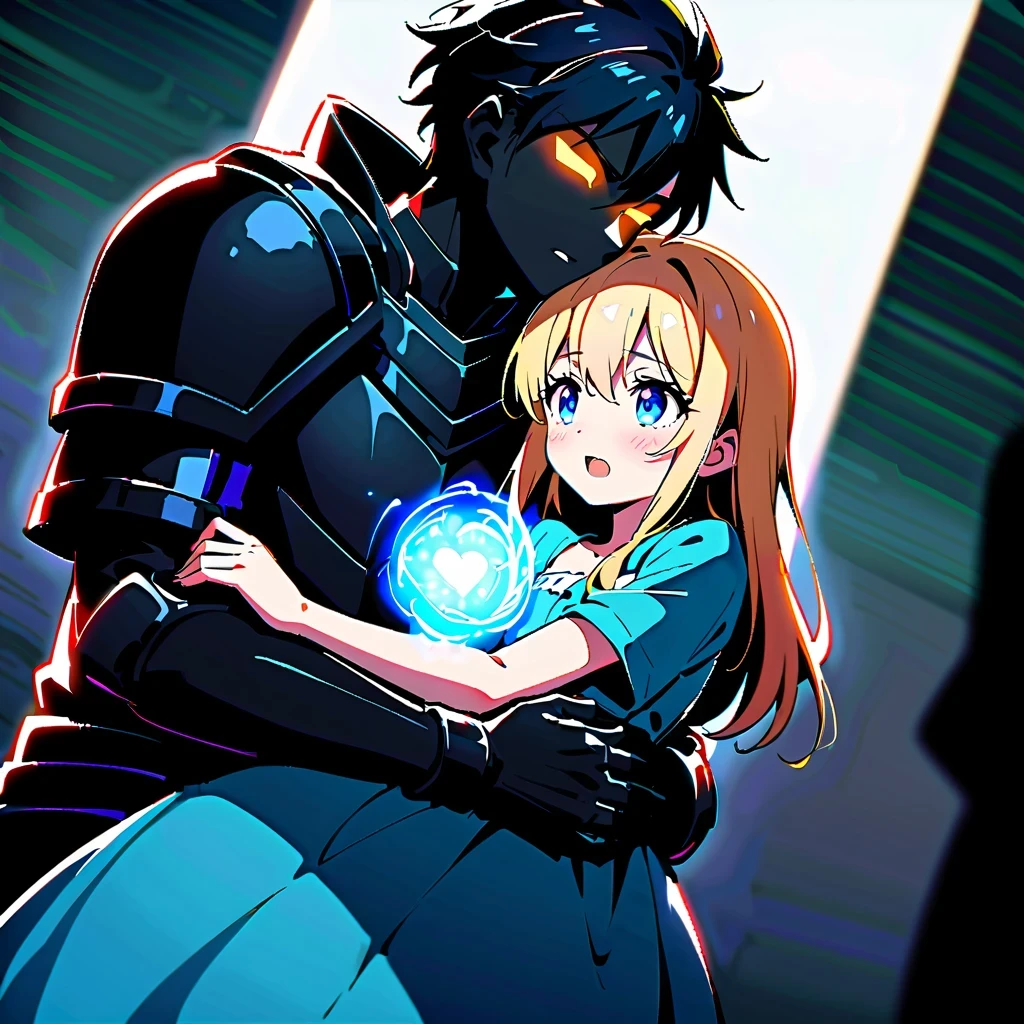 Describe an anime-style scene，Blonde male warrior，Wearing solemn black armor，Holding a long sword glowing with blue electric light in his hand。He lovingly hugs a little girl in a blue dress，There is a deep emotional bond between the two。The whole picture is full of atmosphere，It seems to be telling the audience a heroic and heart-warming story.。