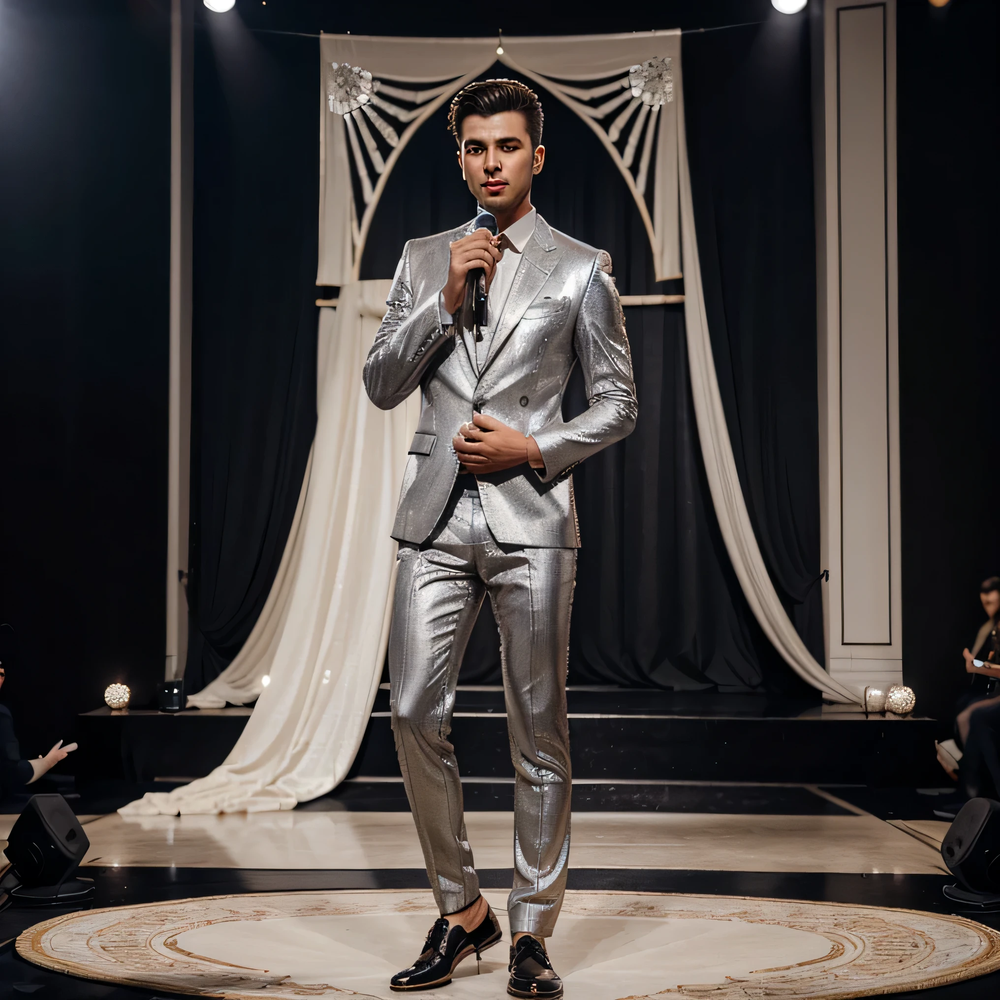make a full body man from head to toe wearing a luxurious modern long suit in the style of silver-colored work with Arabic writing ornaments holding a mic like singing