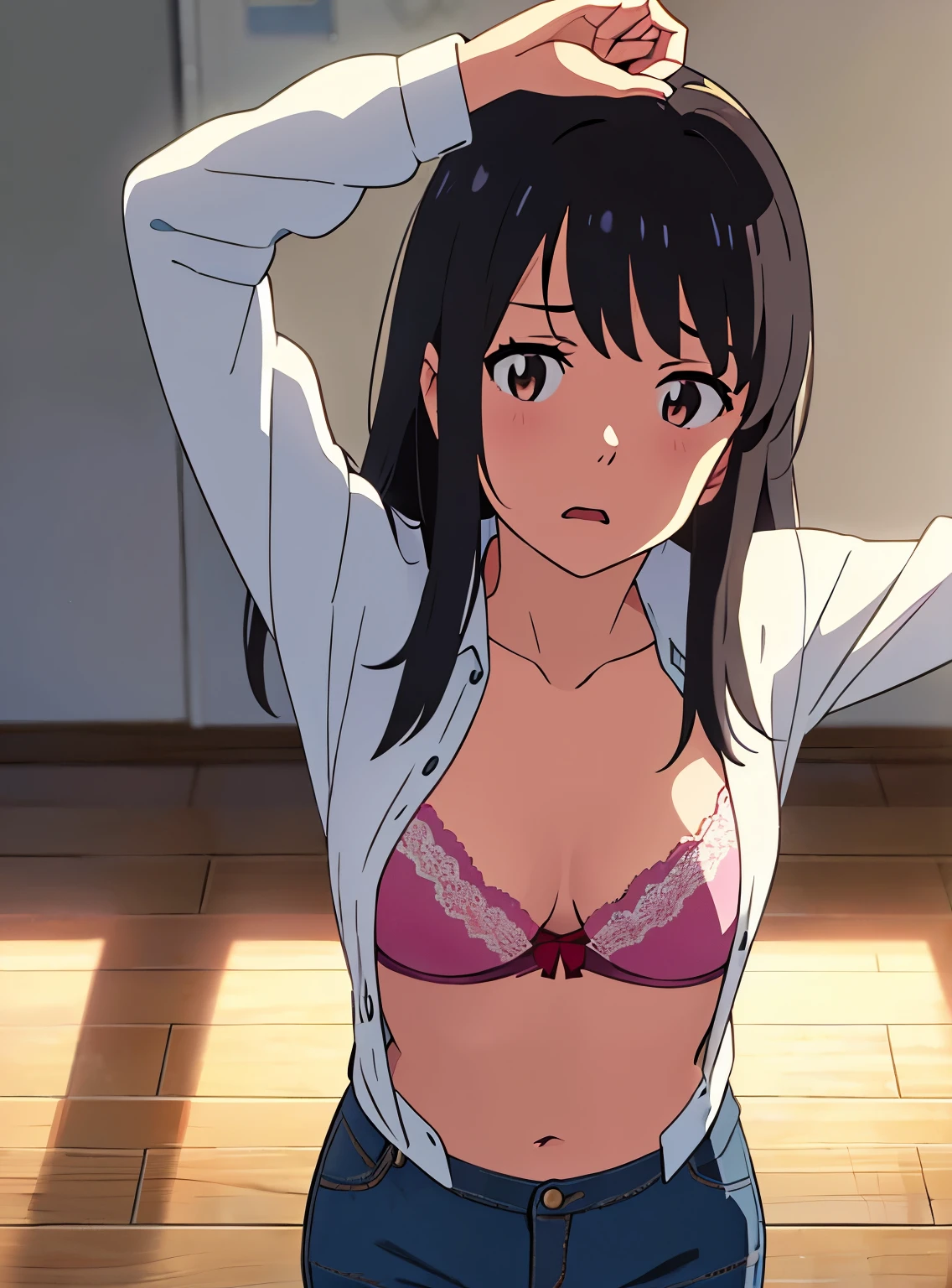 shinkai makoto, kimi no na wa., POV (pov viewer's hands unbuttoning girl's shirt),1girl, bangs, black hair, brown eyes, worried eyes, open mouth, twisted half up, red ribbon, long hair, long sleeve light yellow cardigan, open shirt, white shirt, unbuttoned, medium breast, pink bra, navel, collarbone, blue pants, looking at the viewer, arms up, lying, lying on wall, upper body, arms up, hands behind head, masterpiece, perfect anatomy, cowboyshot , point of view your hand caressing girl's chest
