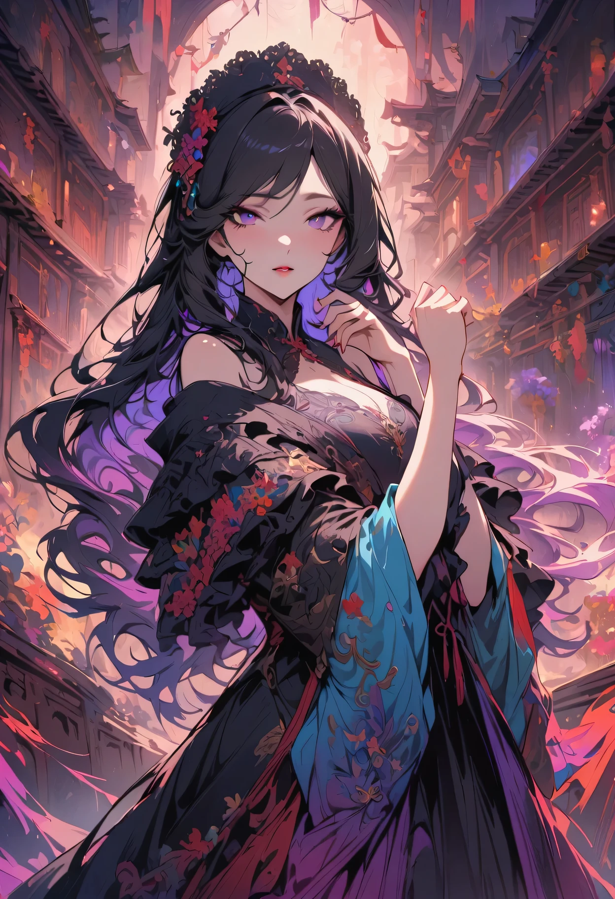 (best quality, masterpiece:1.2), 1 girl, Traditional Chinese opera, colorful clothes, Exquisite makeup, dramatic facial expression, （Traditional stage background）, stage lights, Flowing silk dress, Detailed embroidery, Ornate headdress,Strong narrative skills, strong emotions, Theatrical atmosphere, attract the audience, rich cultural heritage