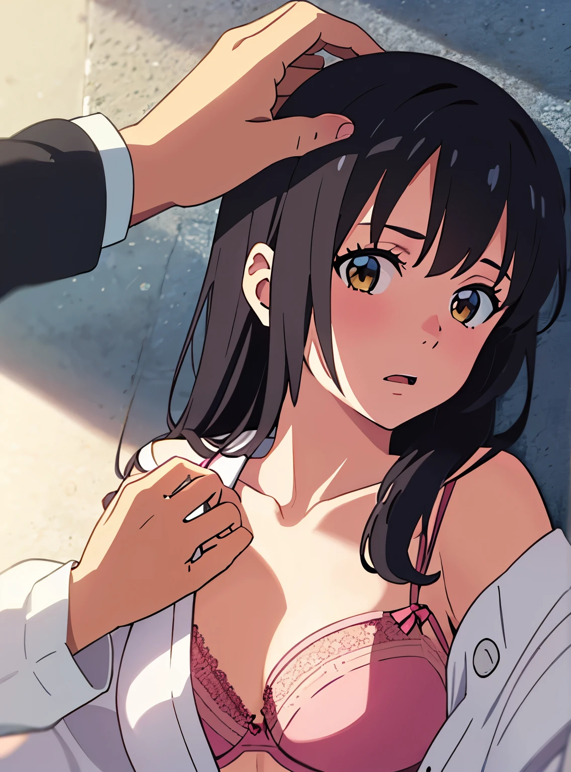 shinkai makoto, kimi no na wa., POV (pov viewer's hands unbuttoning girl's shirt),1girl, bangs, black hair, brown eyes, worried eyes, open mouth, twisted half up, red ribbon, long hair, long sleeve light yellow cardigan, open shirt, white shirt, unbuttoned, medium breast, pink bra, navel, collarbone, blue pants, looking at the viewer, arms up, lying, lying on wall, upper body, arms up, hands behind head, masterpiece, perfect anatomy, cowboyshot , point of view your hand caressing girl's chest
