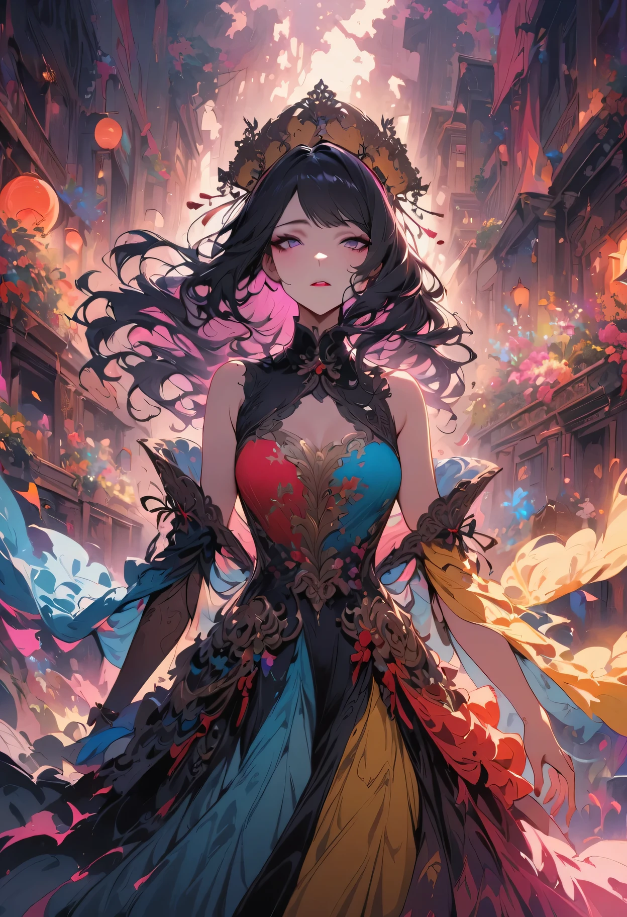 (best quality, masterpiece:1.2), 1 girl, Traditional Chinese opera, colorful clothes, Exquisite makeup, dramatic facial expression, （Traditional stage background）, stage lights, Flowing silk dress, Detailed embroidery, Ornate headdress,Strong narrative skills, strong emotions, Theatrical atmosphere, attract the audience, rich cultural heritage