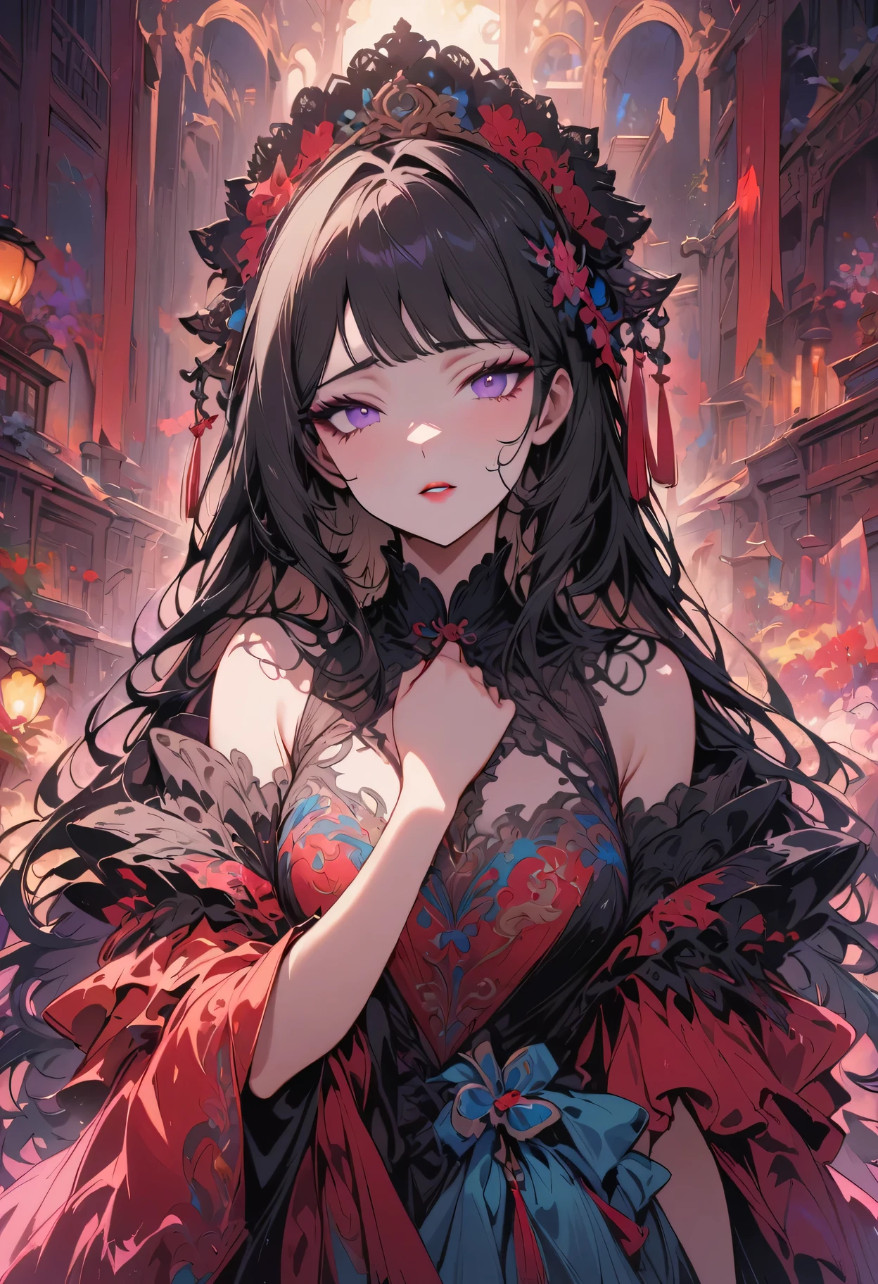 (best quality, masterpiece:1.2), 1 girl, Traditional Chinese opera, colorful clothes, Exquisite makeup, dramatic facial expression, (Traditional stage background), stage lights, Flowing silk dress, Detailed embroidery, Ornate headdress,Strong narrative skills, strong emotions, Theatrical atmosphere, attract the audience, rich cultural heritage