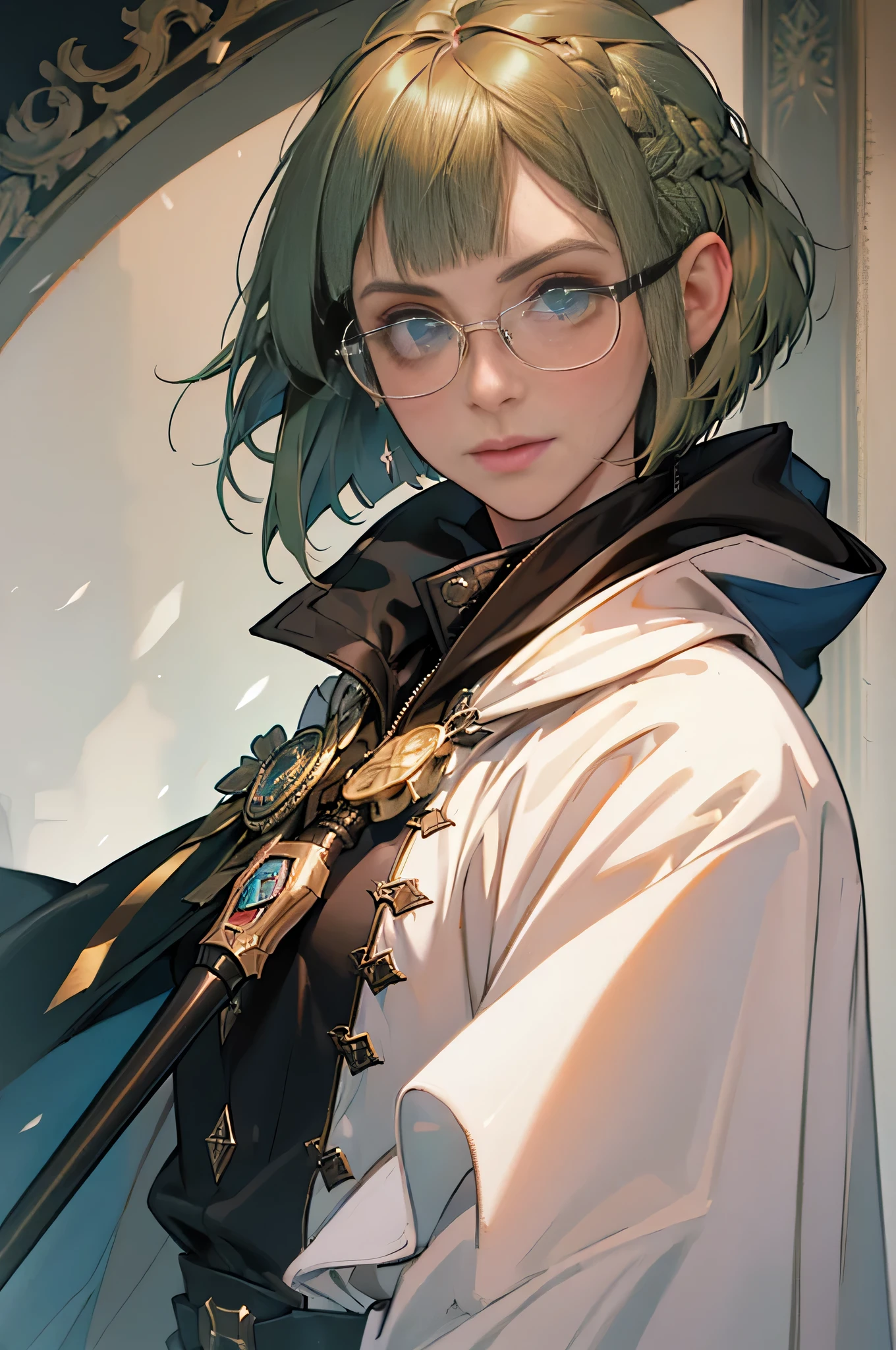 (((((girl))))), masterpiece, super detailed, 8K portrait, Raw photo, female portrait photography, full body, Highly detailed smile, ((fantasy)), (((hobbit))), ((adult)), 45 years old, 110cm, (((Alchemist))), ((white skin)), (((greenish dark brown bob hair))), dull bangs, (((navy blue silk long cloak))) fluttering in the wind, (((white coat))), leather groove, (((Glasses))), (((equip a cane))), midday sun, surreal, slender body, Near the fog castle, environmental lighting, shadow details , focus the camera on the face, strong wind, light fog