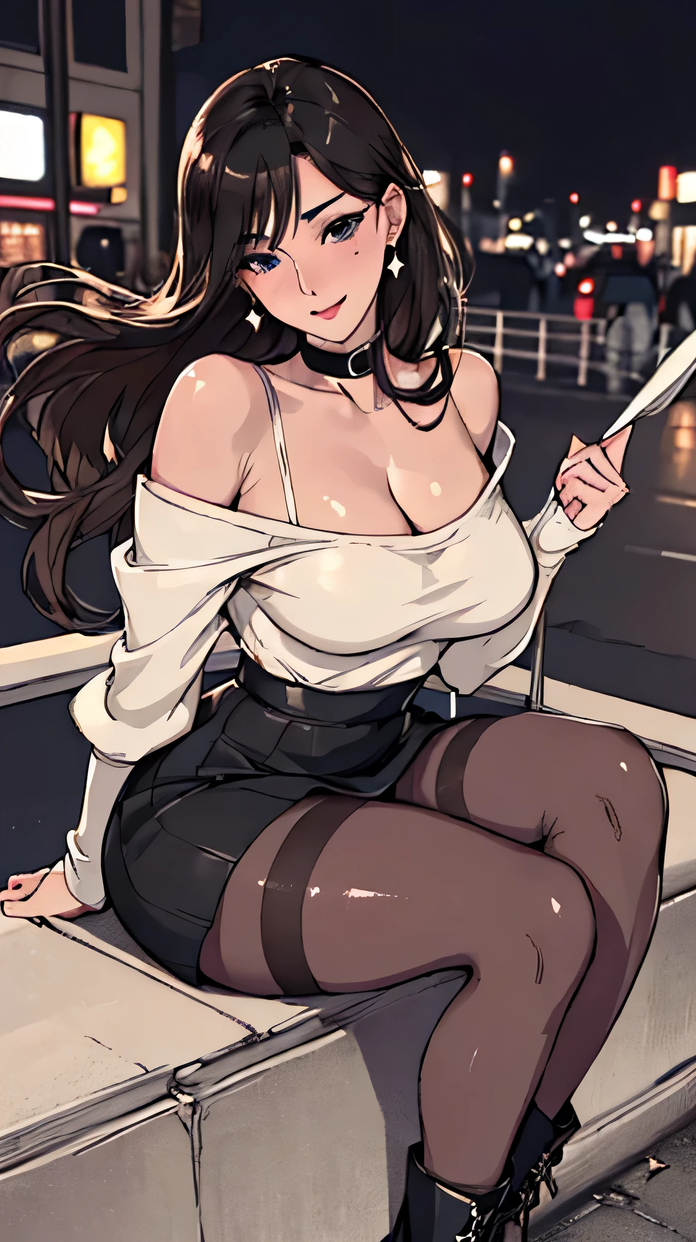 (((ultra high definition))), masterpiece, best quality, 8K, Accurate description, Carefully painted, Meticulous details, ((busy street in japan, night, carnival, Sit on the railing on the side of the road)), a japanese girl, White skin, perfect face, (Brown, blowing in the wind, Extra long curly hair), ((cute look)), Detailed depiction of facial features, blue shining eyes, long eyelashes, double eyelids, Exquisite makeup, pink moist shiny lips, Shiny earrings, smile shyly, blush, ((Mature and sexy figure)), Beautiful body, perfect body structure, side boob, round saggy breasts, ((Oversized light color loose collar sweater, Show one shoulder, Open collar)), (((Black)))Delicate lace and gorgeous lingerie, seductive cleavage, (Dark skirt, dark stockings, boots), (Seductive moves), (Selfie action), (Perfectly detailed hand-drawn renderings), round ass, (Slender smooth legs), Complete legs, movie lighting, Soft high contrast side lighting, transparency, Cinematic feel, perfect composition, ((full body image)), Rich environmental details, Prominent theme, Overall exposure -1