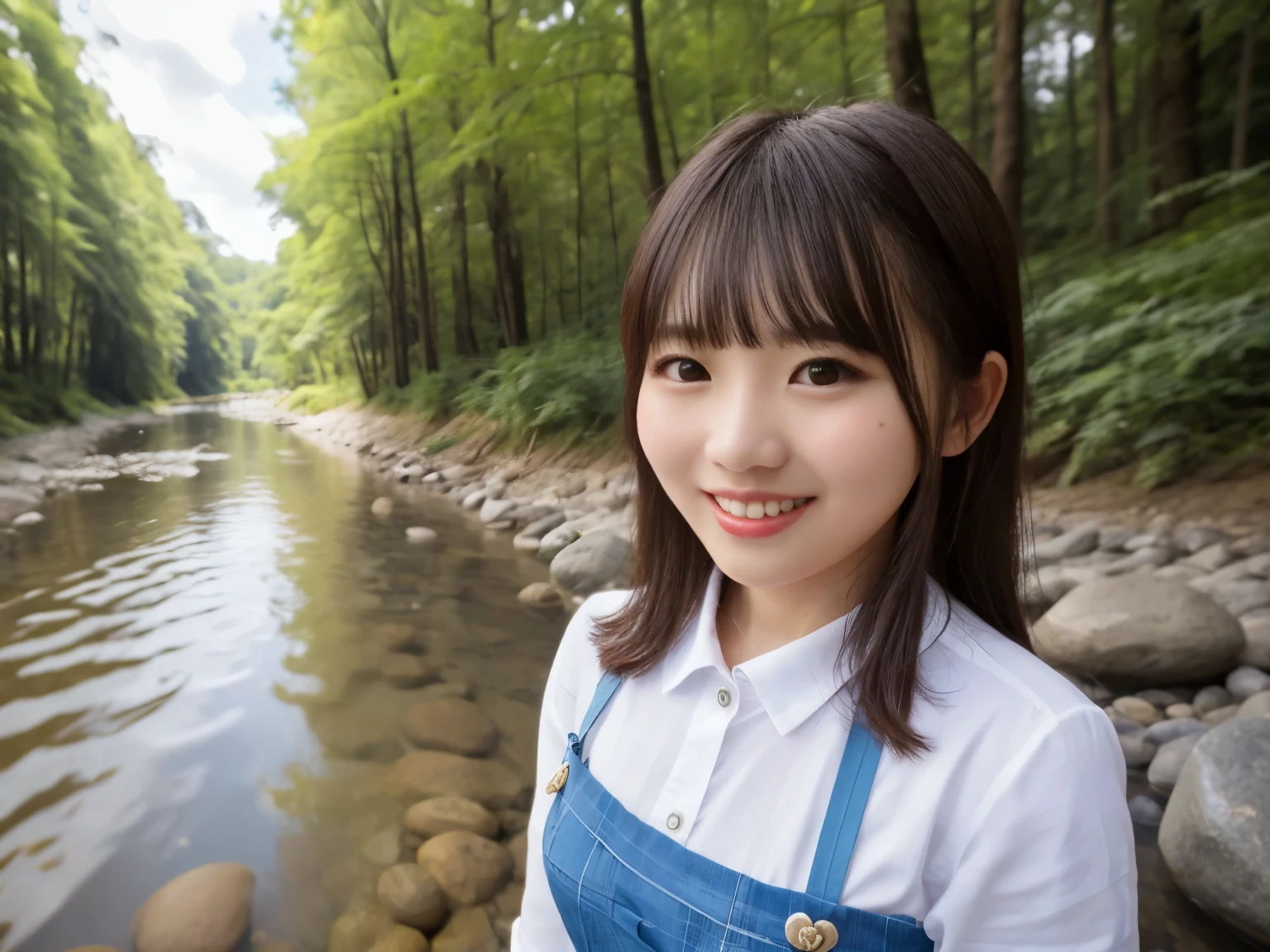 cute and pure girl, single ponytail, bangs, Melon face, beside the stream, behind a forest, some small stones in the river, smile, Big eyes, Some white clouds are floating in the blue sky, wearing a blue skirt,