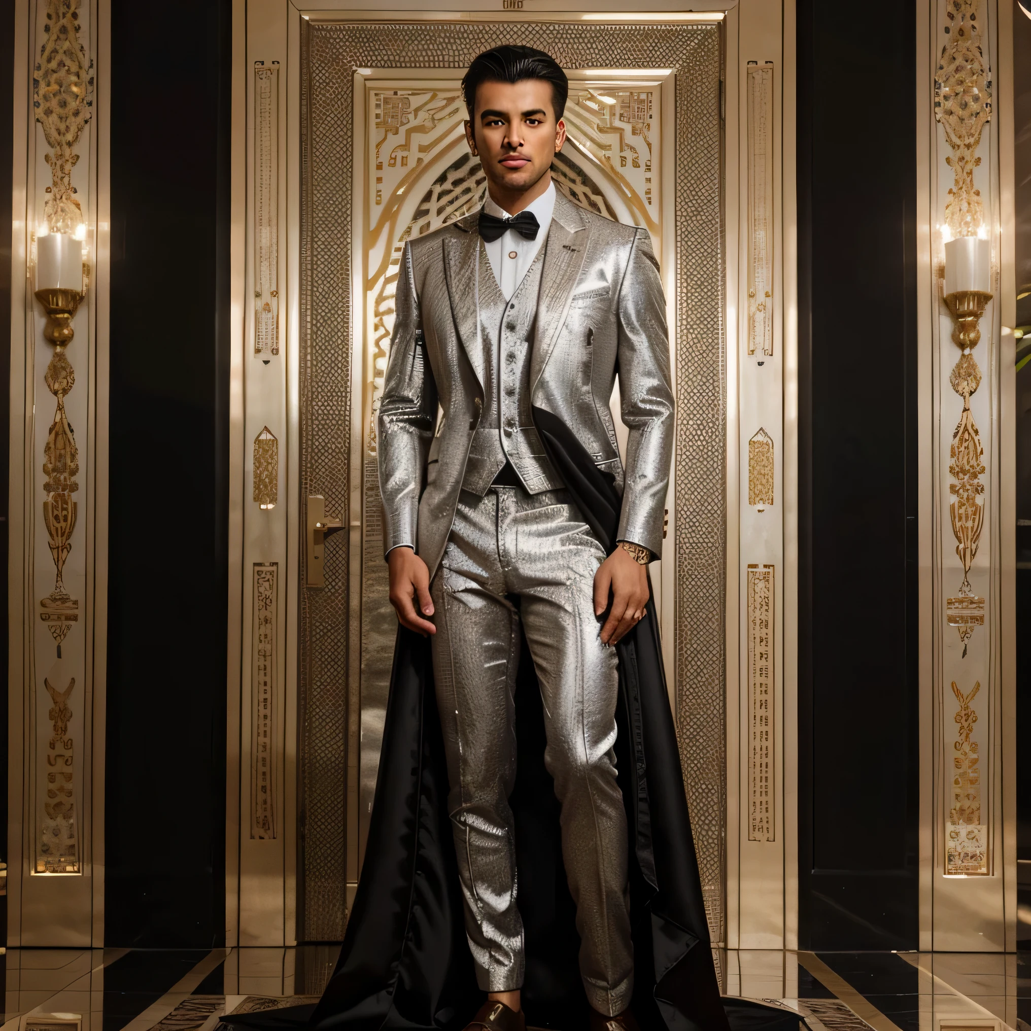 make a full body man from head to toe wearing a luxurious modern long suit in the style of silver-colored work with Arabic writing ornaments holding a mic