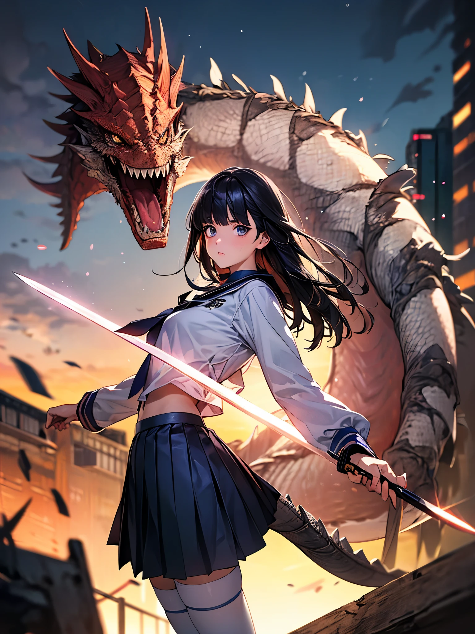 ((perfect anatomy:1.2,realistic,:1.3,RAW Photography:1.3,masterpiece、highest quality、Ultra - High resolution、High resolution、Highly detailed CG、8K)), ((Face the giant dragon head-on、Fight with Japan swords、action pose、holding a Japanese sword、Accurately depicted Japanese sword)),from side,1 female,solo,20-year-old,beauty of japan,beautiful detailed face and eyes,big and gorgeous eyes,gray eyes,(black hair,long hair,blunt bangs), (slender body,small head:1.4, skinny,medium breasts), glowing skin,oily skin,,((white shirt with collar、long sleeve、navy blue tie、navy pleated mini skirt,white_thighhighs)),collapsed building、Shibuya Station、Shibuya Ward、Tokyo、背景に大勢のモンスターとpeople々、people々monsters attacking、at night、neon、