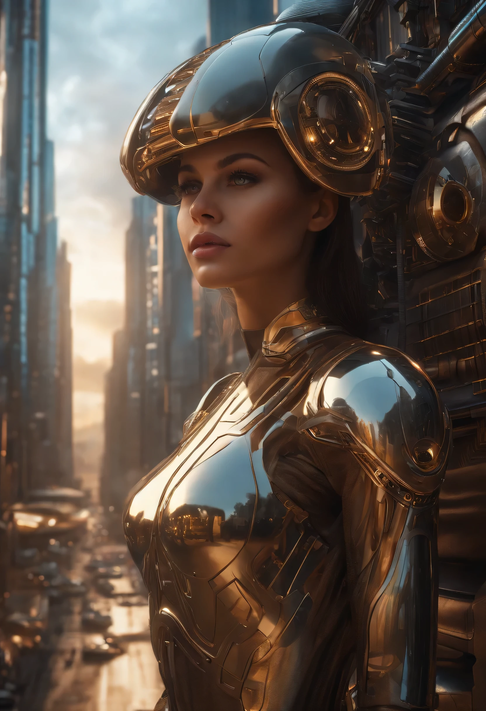 beautiful girl, beautiful face, beautiful eyes, beautiful girl, beautiful face, beautiful eyes, State-of-the-art technology, breathtaking, Extremely detailed,(golden hour lighting), Streetscape of an extraterrestrial metropolis, star wars combination' Futuristic cities like Coruscant and Disneyland), Metal and glass conglomerado de Villes y Lascasieros with futuristic and technological architecture, some aliens are walking around, illuminated window, everything is full of imagination, science fiction and (Intricate details of the machine).photorealistic images, Maximum sharpness, 8K quality.(A masterpiece of the highest quality). 3D. cyber punk, 25th century technology