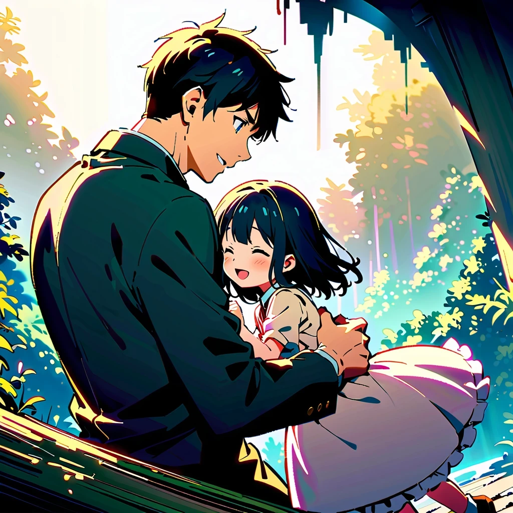 This picture should be a scene of two anime characters embracing，Highlight the heroism of men and the tenderness and innocence of s。Background should be simple but detailed，Highlight the emotional communication between characters。