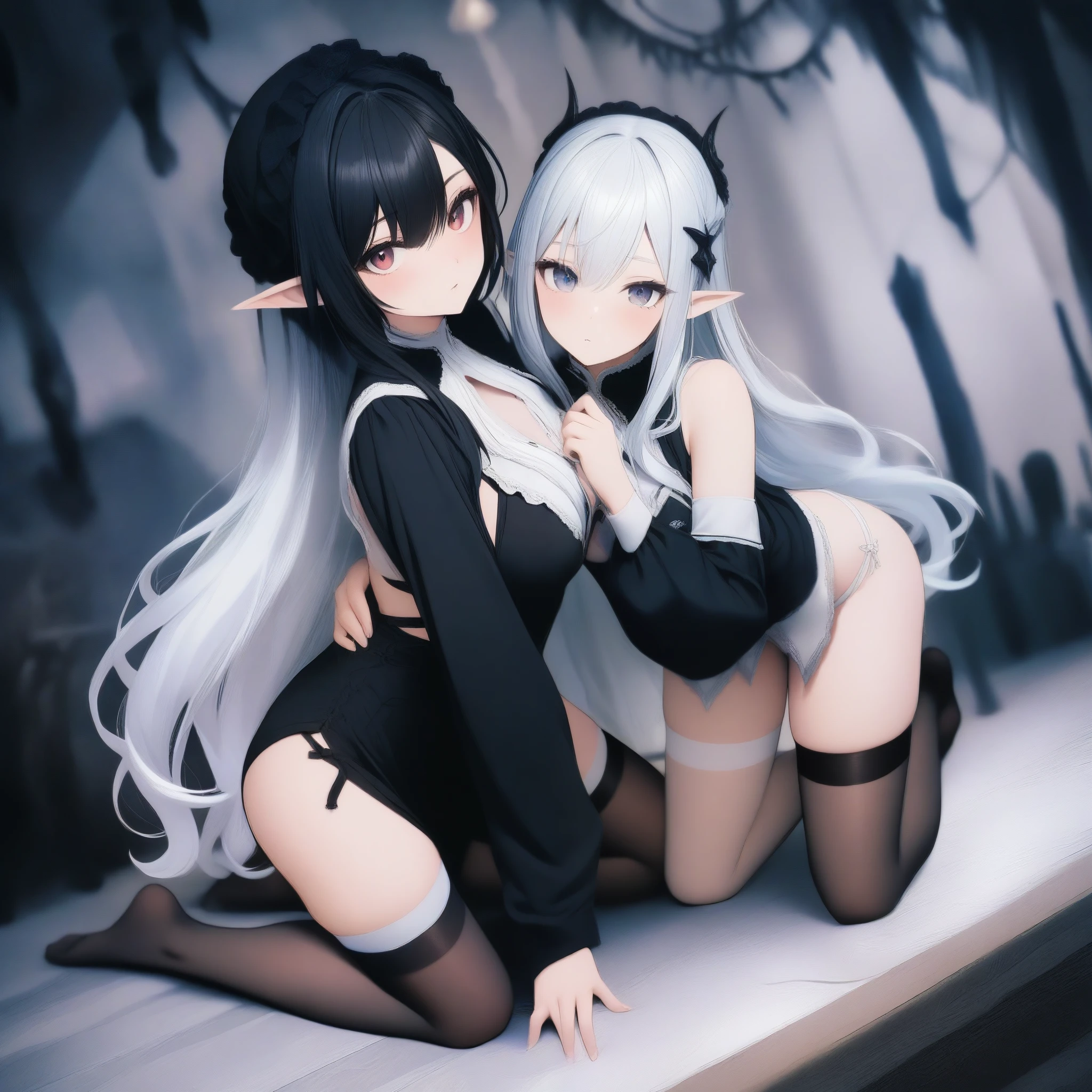 Dark Elf, 2girls, pointy ears, thighhighs, long hair, kneeling, black hair, looking at viewer, white hair