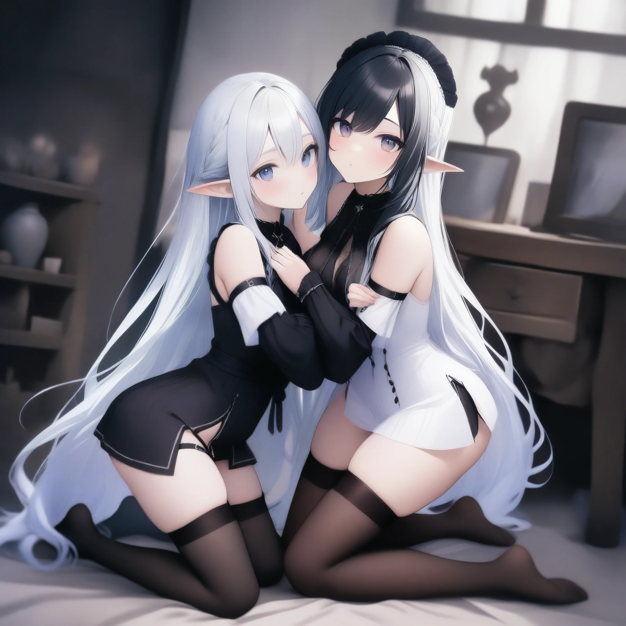 Dark Elf, 2girls, pointy ears, thighhighs, long hair, kneeling, black hair, looking at viewer, white hair